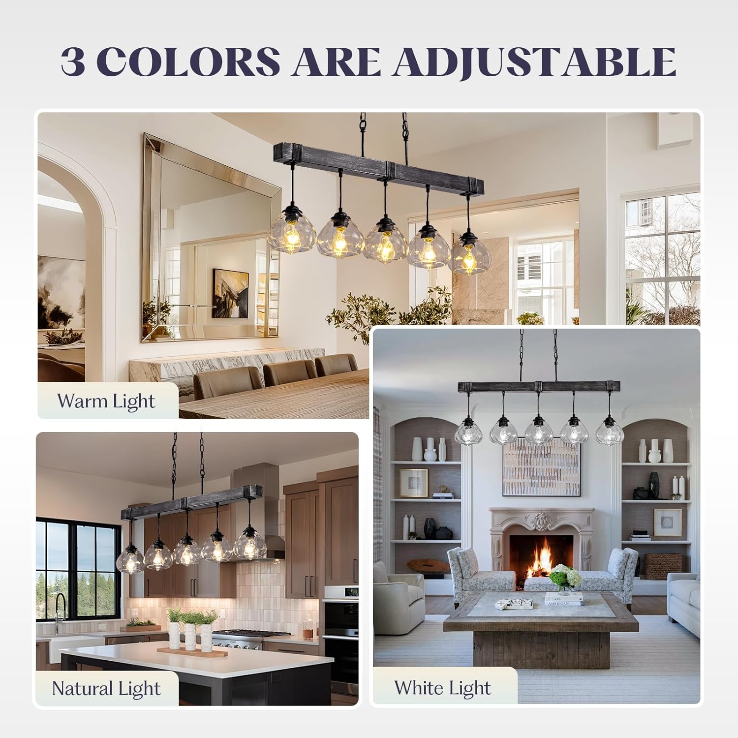 Linear Chandelier for Dining Room, Modern 5-Light Kitchen Island Lighting,Black Farmhouse Linear Chandelier with Glass Shades, L39IN+W5.5IN+H7.9IN