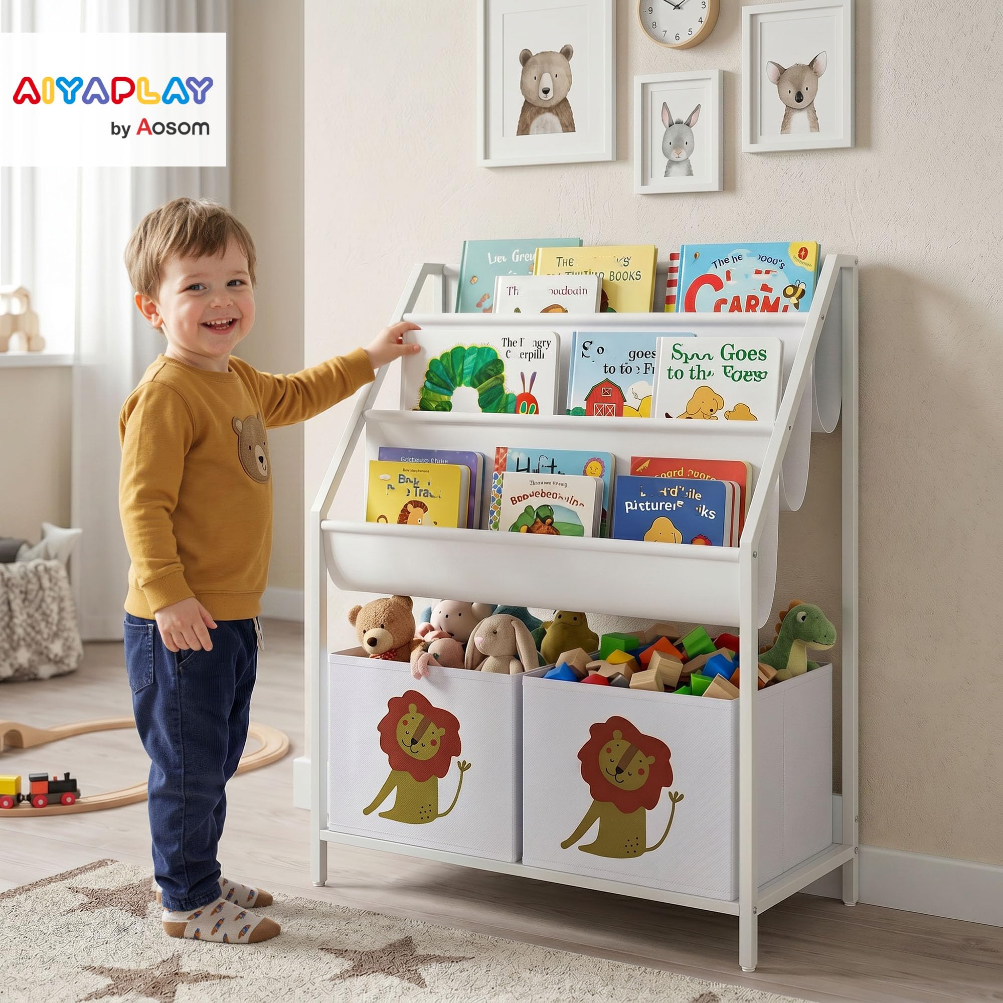 AIYAPLAY Librería Infantil de 4 Niveles Montessori Niños 76 cm Blanco | Estantería para Libros, 3 Estantes, 2 Cajones de Tela, Diseño de León, Sala de Juegos, Dormitorio, Guardería