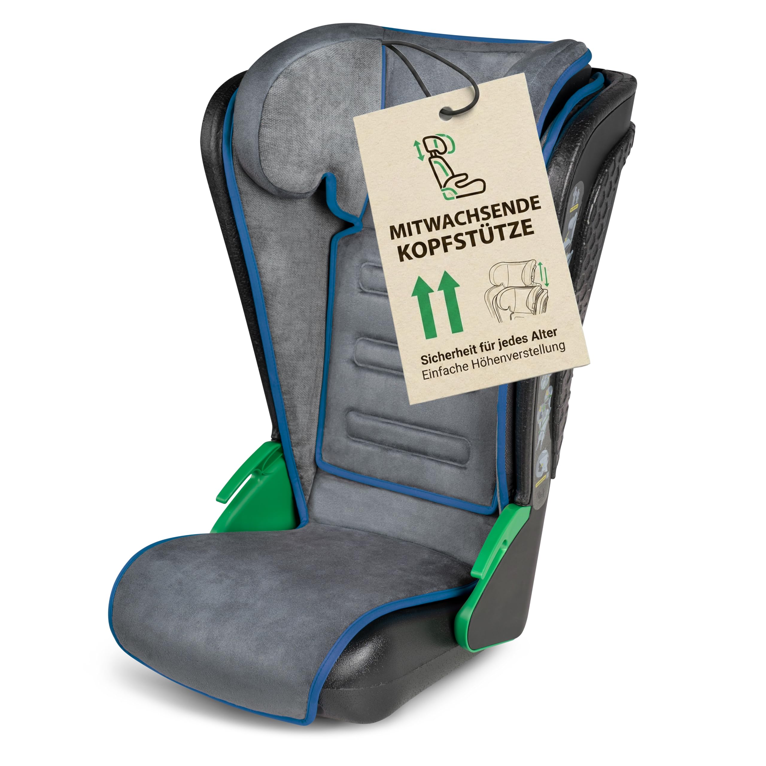 WALSER Auto Kindersitz Noemi, extra schmaler Reisekindersitz 3-8 Jahre 100-135 cm, klappbare Sitzerhöhung ECE R129 waschbar Schwarz/Blau