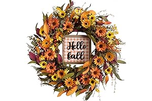 Bibelot Hello Fall Wreath with Eucalyptus Leaves and Autumn Sign for Front Door