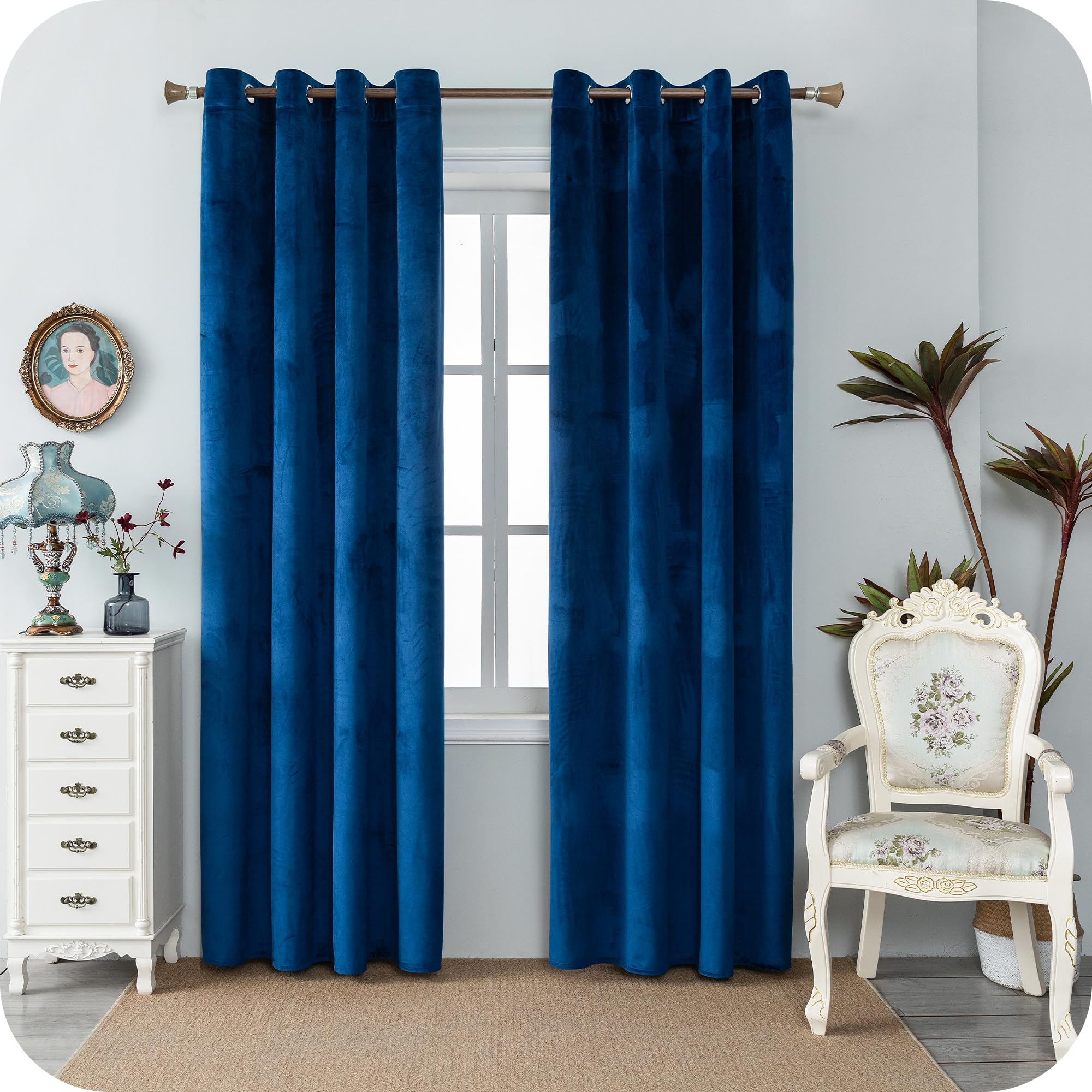 GIRASOLE HOME Paire de rideaux Adélaïde doux occultants thermiques en velours 2 panneaux de 140 x 240 cm avec œillets bleu