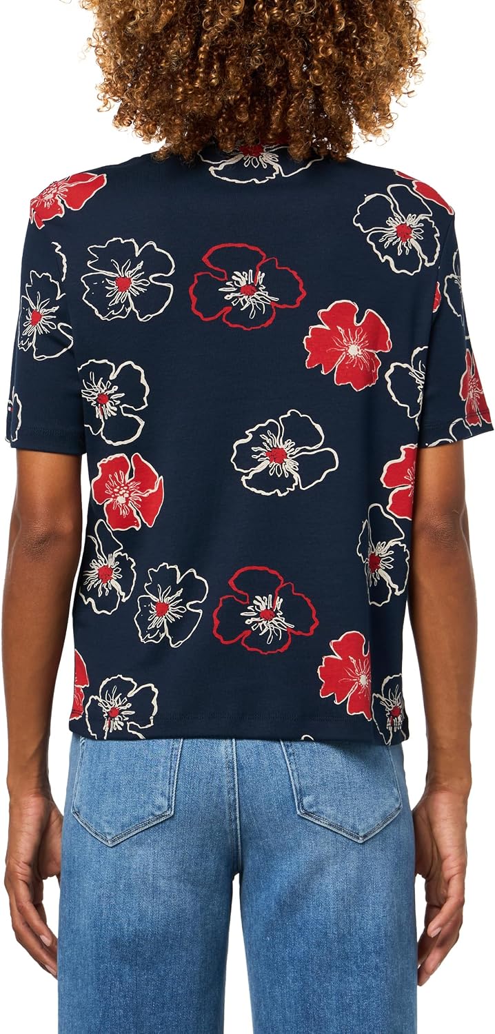 Tommy Hilfiger Women's Short Sleeve Cotton Graphic Crew Neck T-Shirt with Button Embellished Shoulder Design