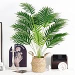 Der Rose Fake Palm Tree 28Inch Tall Fake Plant Potted Faux Areca Artificial Tree with Hand-Woven Baskets with Handles for Indoor Outdoor Home Office Bedroom Porch Balcony Boho Decor