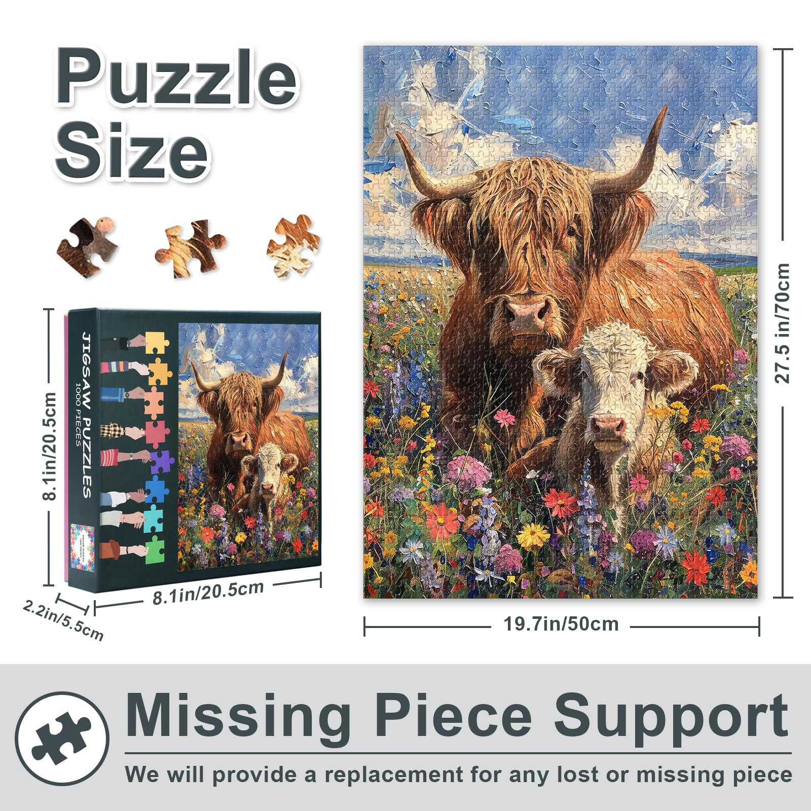 Wildflowers Field Jigsaw Puzzles 1000 Pieces for Adults Highland Cow Jigsaw Puzzle - Image 3