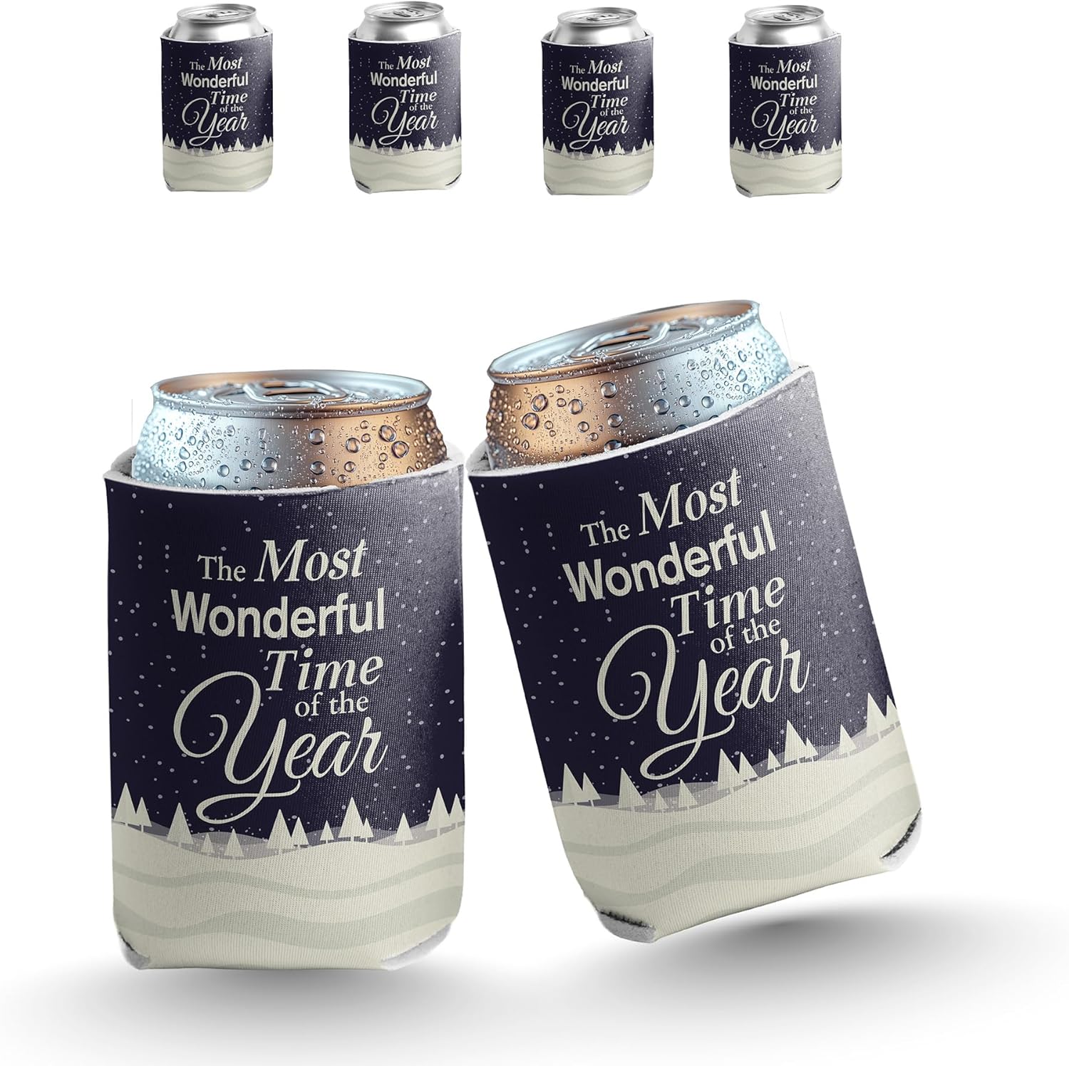 VictoryStore Winter Can Coolers – “It’s The Most Wonderful Time of The Year” Holiday Beverage Sleeves – Set of 6 – Fits 12–16 oz Cans & Bottles – Reusable Christmas Drink Coolies