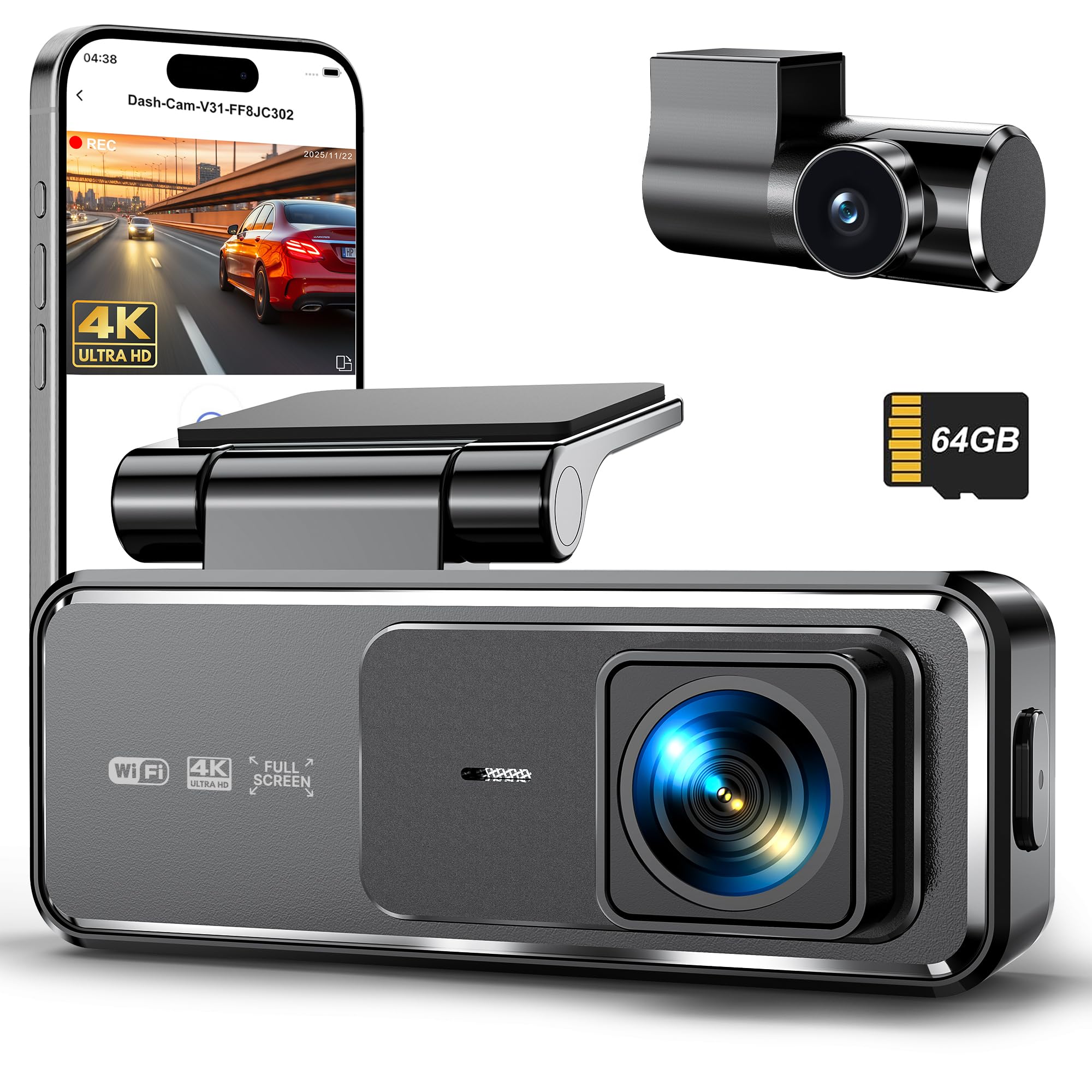 Dashcam Voiture Avant Arrière 4K+2K, Caméra Embarquée Voiture avec Carte SD 64Go Gratuite, Capteur G, WiFi App, Super Vision Nocturne, Mode Parking 24H, Enregistrement en Boucle Dashcam