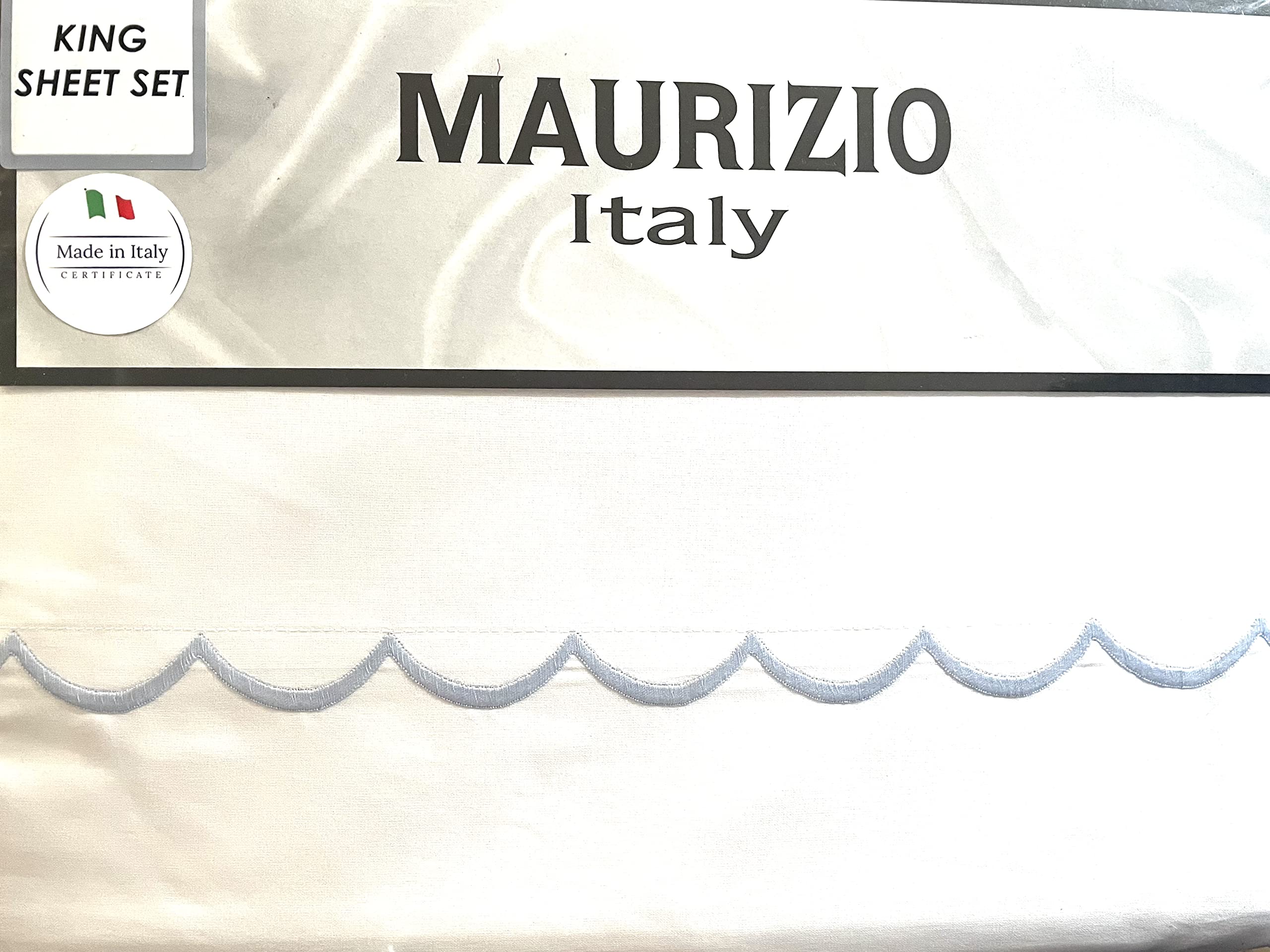 Maurizio Italy 4 Piece 100% Cotton Bright White Bed Sheets Set with a Raised Embroidered Wave Near Hem Cuff (Blue, King (U.S. Standard))