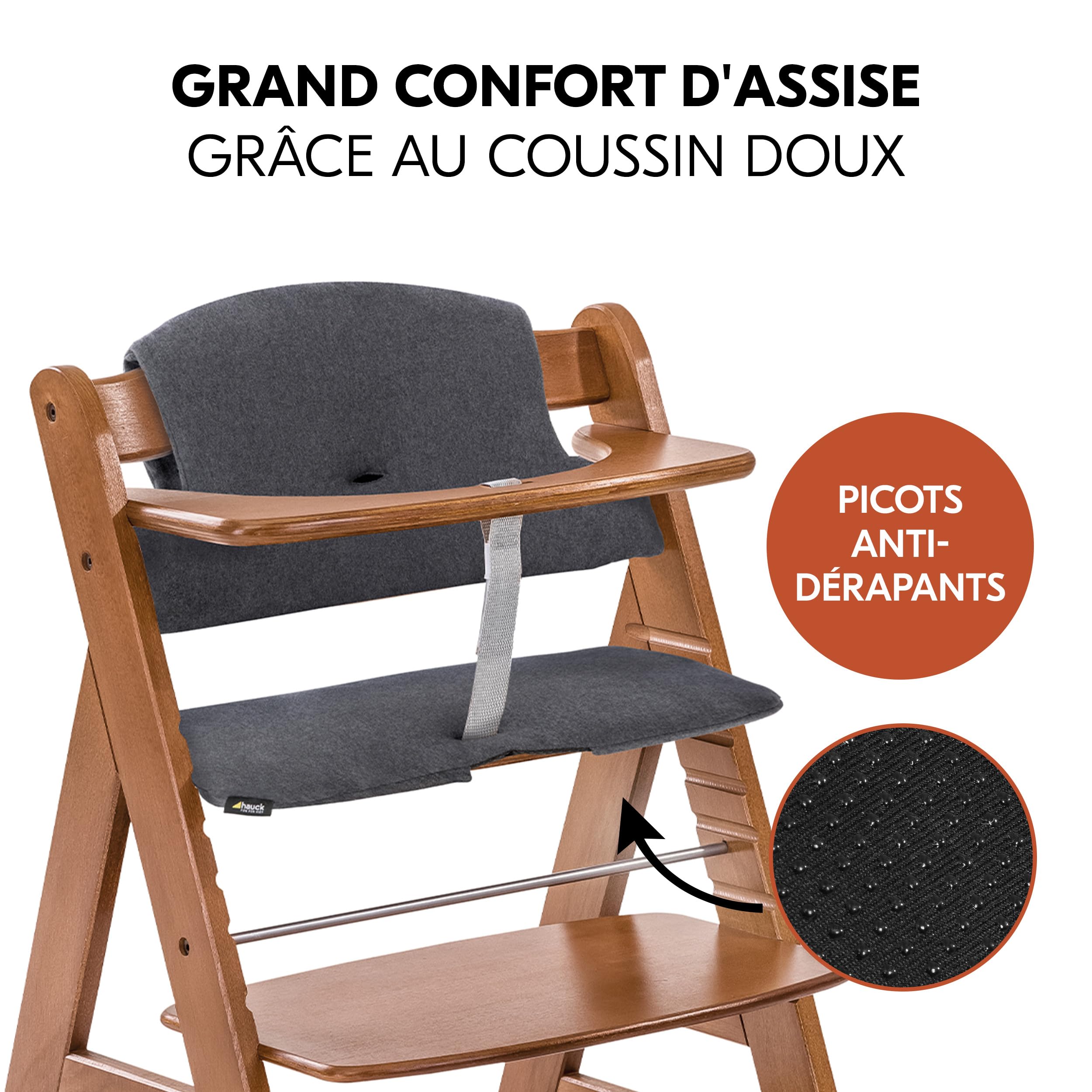 hauck Chaise Haute Bébé Alpha+ avec Siège Highchair Bouncer – Walnut | Chaise haute évolutive en bois, de la naissance à 90 kg, inclus assise bébé ergonomique 3 en 1 et coussin