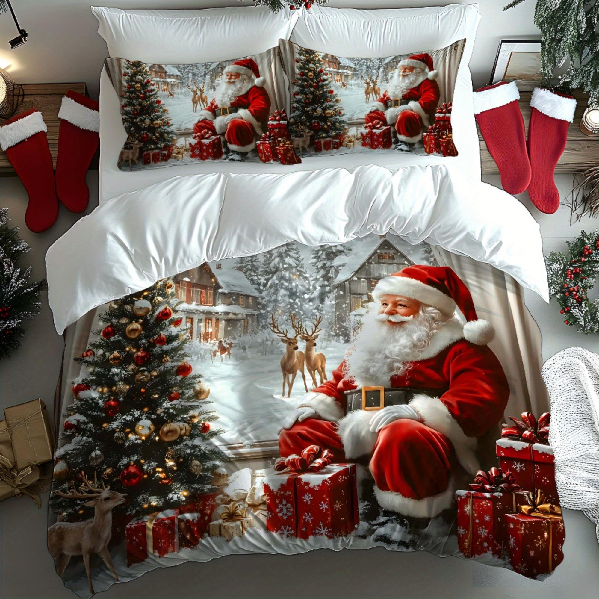 Housse de couette et taies d'oreiller motif Noël en impression 3D premium pour lit une place