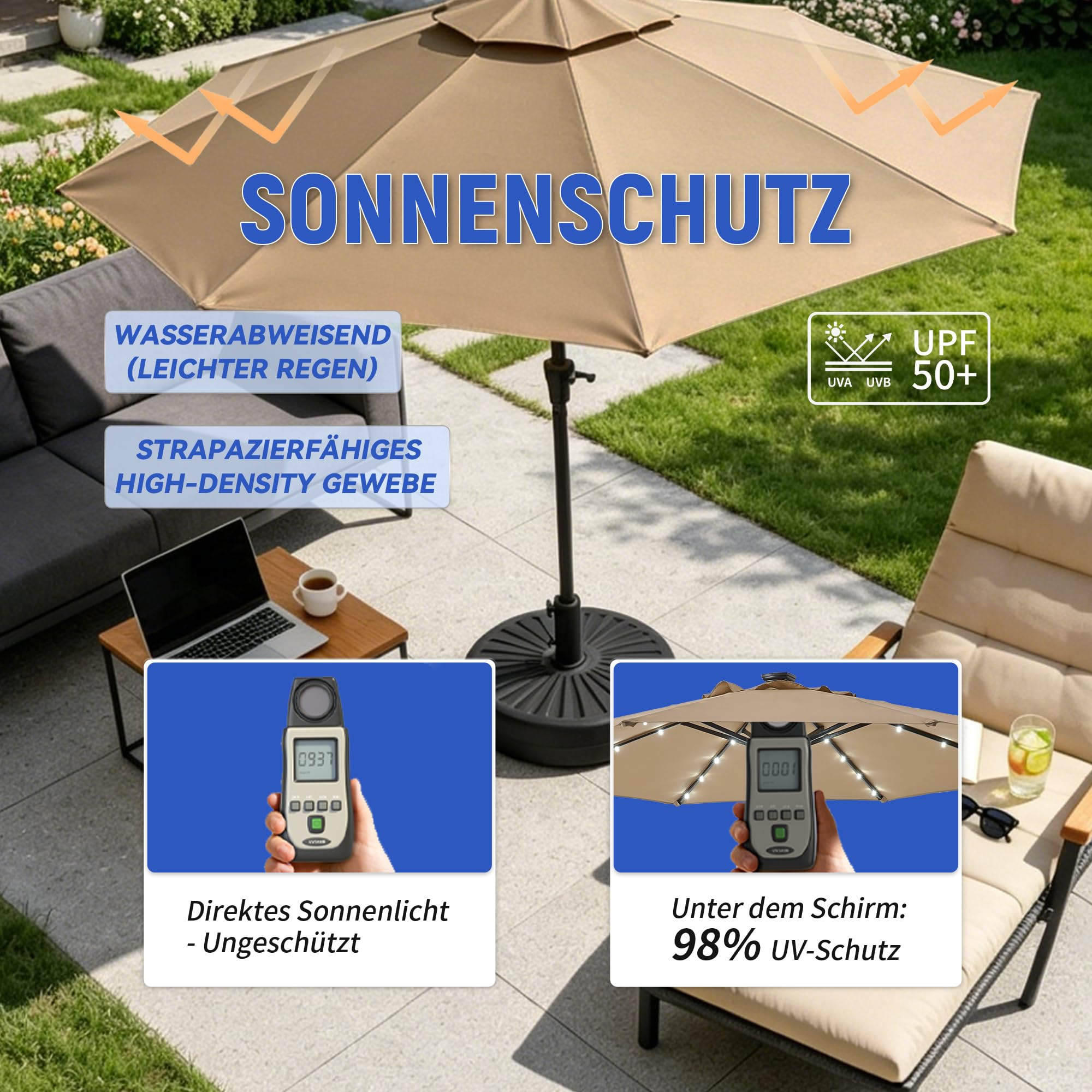 Sonnenschirm 300 cm mit LED Solar Beleuchtung, 8 Robuste Struts Terrassenschirm Knickbar, 7-Farben RGB Modus Gartenschirm mit Kurbel, UPF 50+ Wasserdicht für Balkon Pool