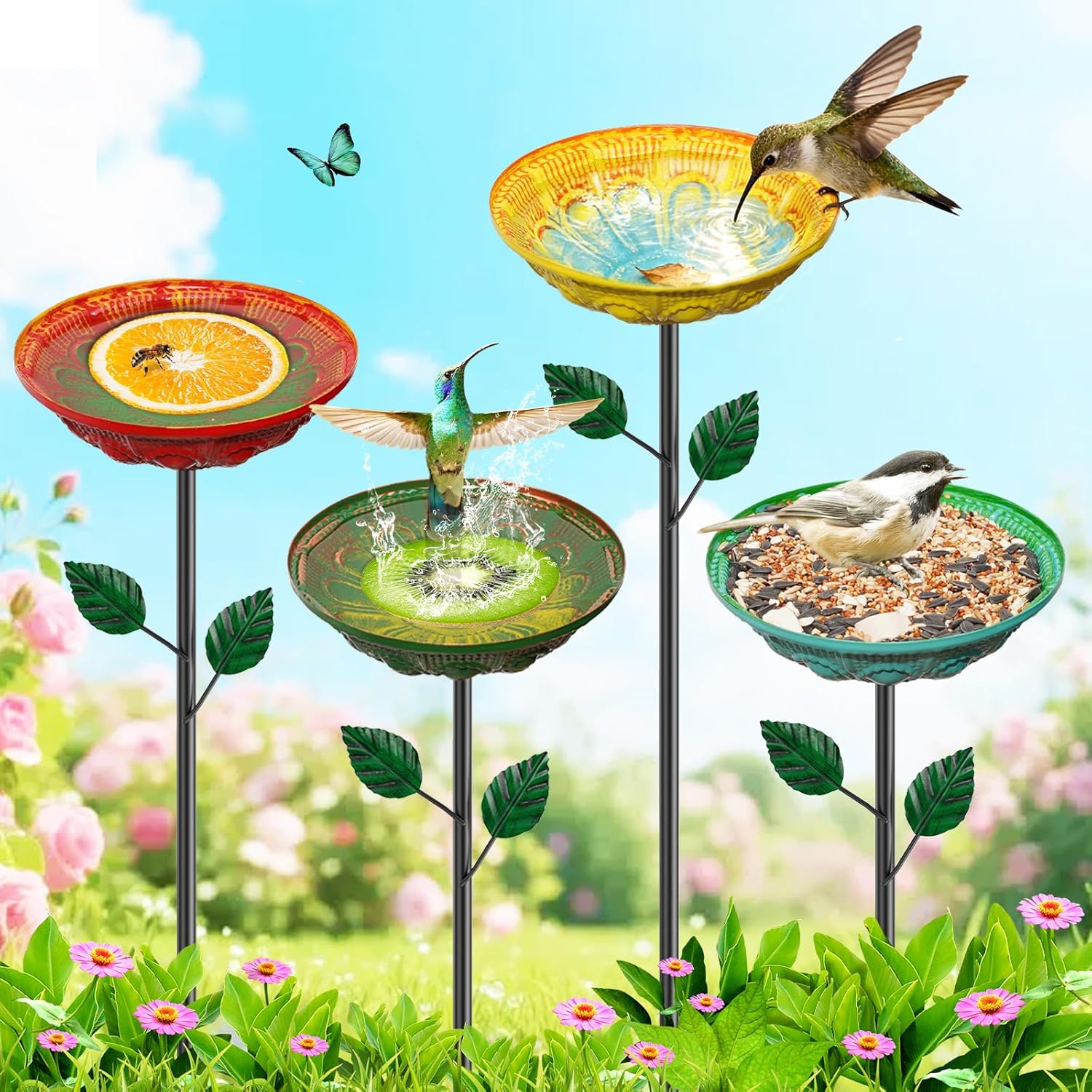 4PCS Metal Bird Bath for Outdoors with Stake, 2-in-1 Hummingbird Bird Bath & Bird Feeder, Metal Birdbath Bowl, Outdoor Bird Bath Decor for Garden Yard Lawn Backyard Patio (Datura)