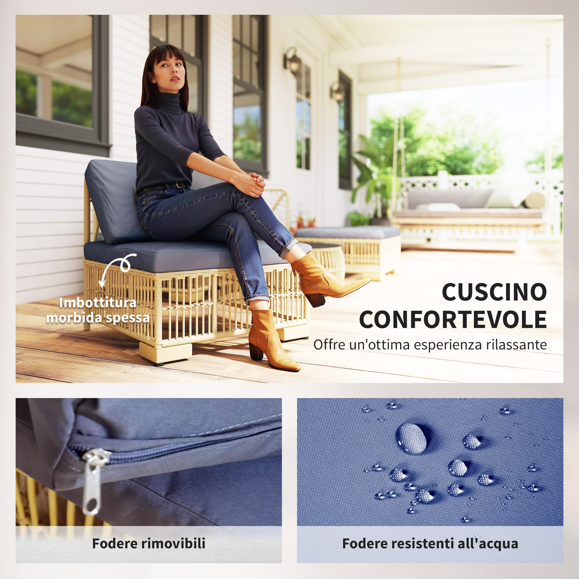 Outsunny Salotto in Rattan per Esterno da 5 Pezzi, Salottino da Giardino con Divano Modulabile, Cuscini e Tavolino da Caffè con Vetro, Grigio