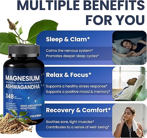 Miniatura 5 de Suplemento de magnesio triple complejo 90 cápsulas  Glicinato de magnesio de alta absorción + malato + citrato con ashwagandha para dormir, salud