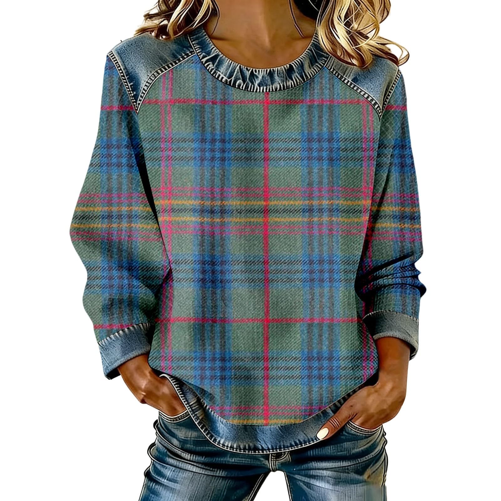 Sweat-Shirt à Manches Longues Motif Graphique Denim Pull col Rond original - 4