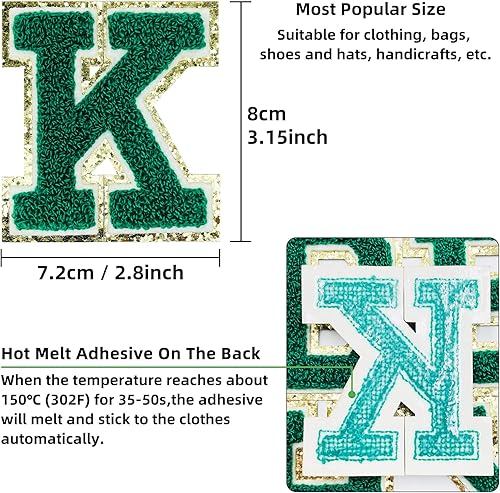 Miniatura 2 de Jongdari Letras termo-adhesivas para ropa 8 parches de letras de chenilla parches de letras universitarias para planchar letra A con purpurina con