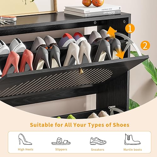 Miniatura 5 de Armario de almacenamiento de zapatos para entrada con 2 cajones abatibles, armario estrecho de madera para zapatos con panel estriado, organizador
