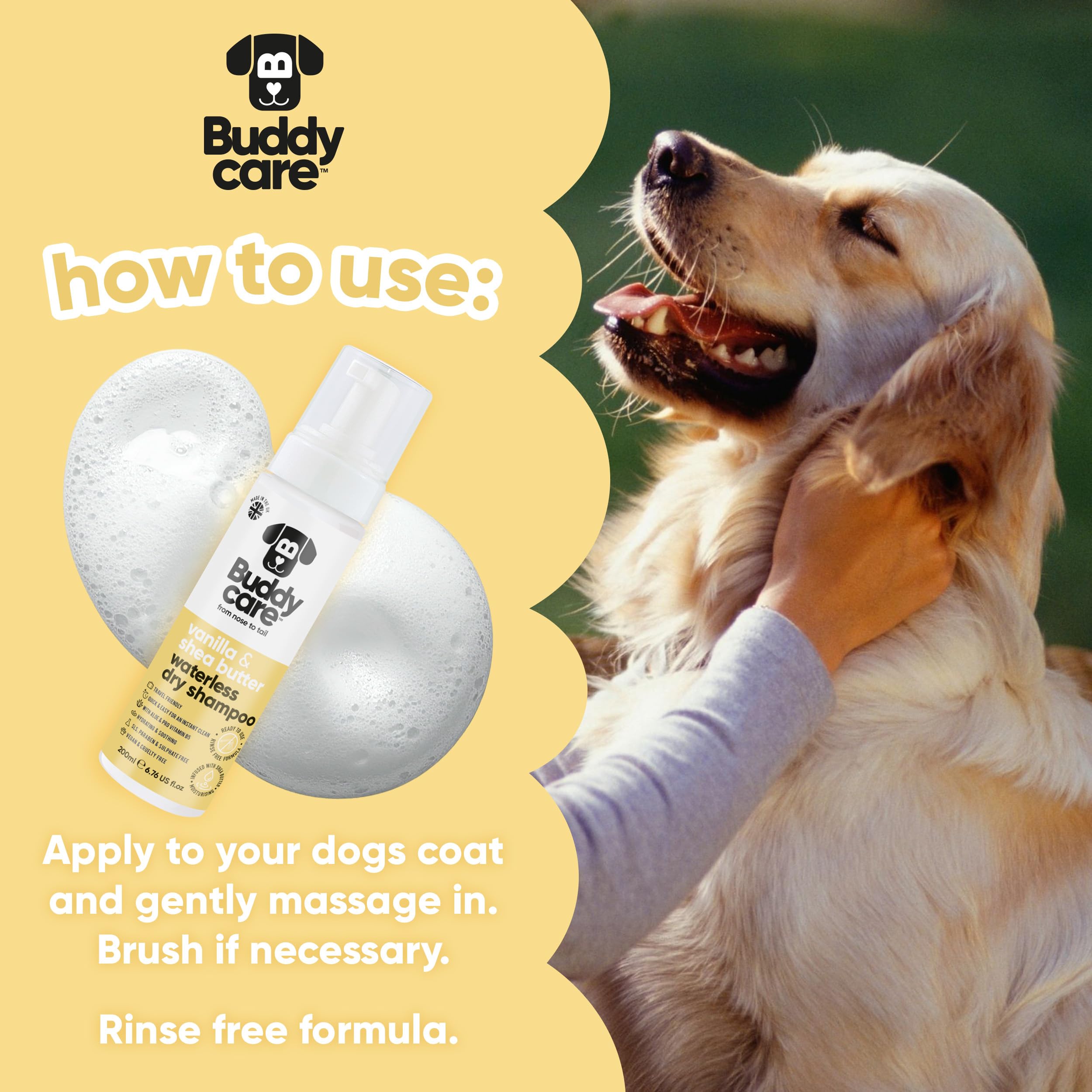 Buddycare Bezwodny, suchy szampon dla psów (200 ml) | Wanilia i masło shea szampon dla psów bez spłukiwania do skóry wrażliwej, naturalny, łatwy w użyciu dla świeżego, czystego sierści