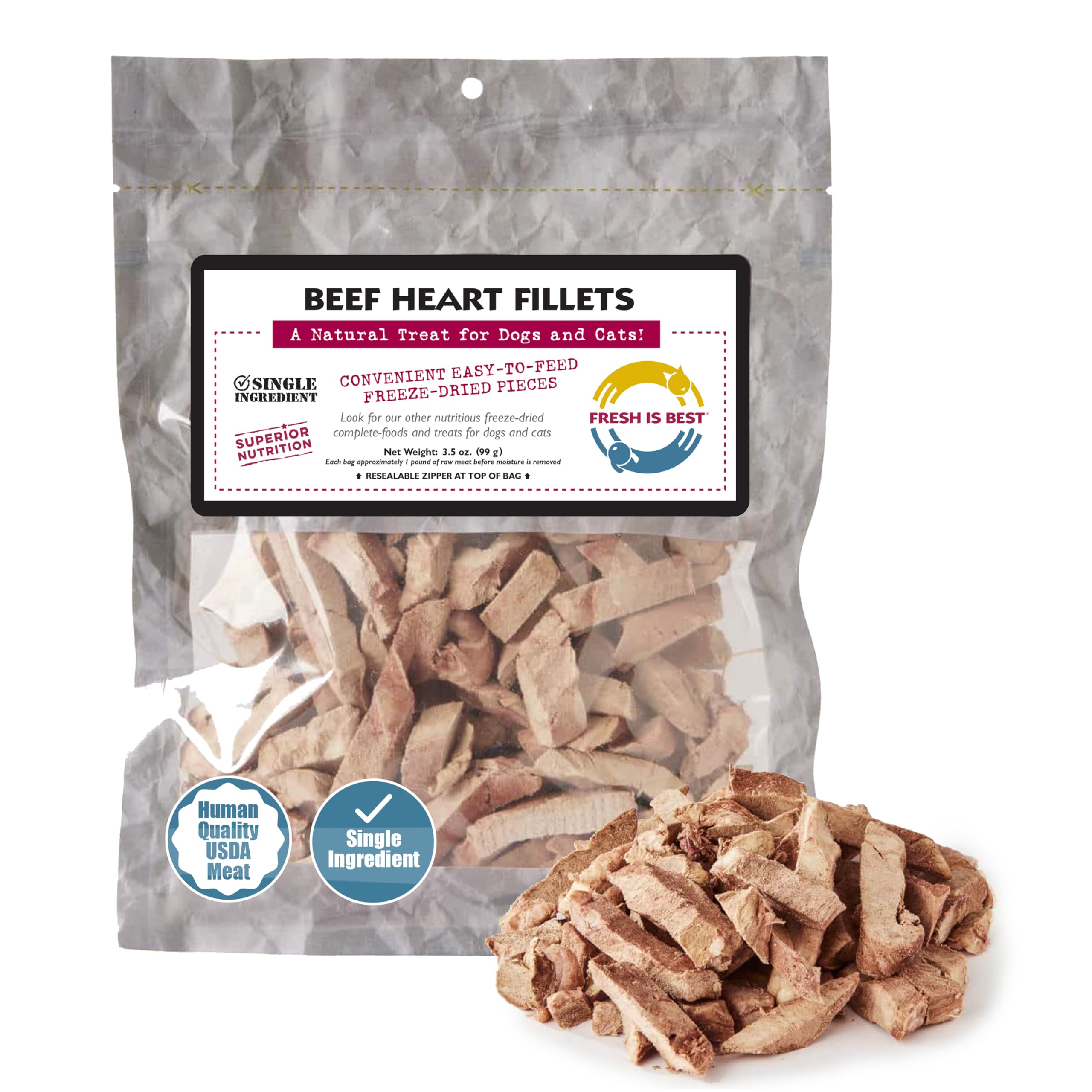 Fresh Is Best Freeze Dried Dog Treats – Raw Freeze Dried Dog Food for Cats & Canines – Training Treat in Resealable Zipper Bag – High-Protein Beef Heart Fillets – Made in The USA