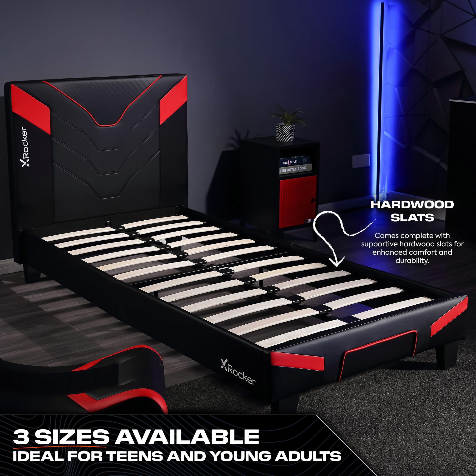 X-Rocker Cerberus MKII - Marco de cama individual tapizado para juegos, paquete plano para un fácil montaje, comodidad transpirable, listones de madera, piel sintética fácil de limpiar, para niños y