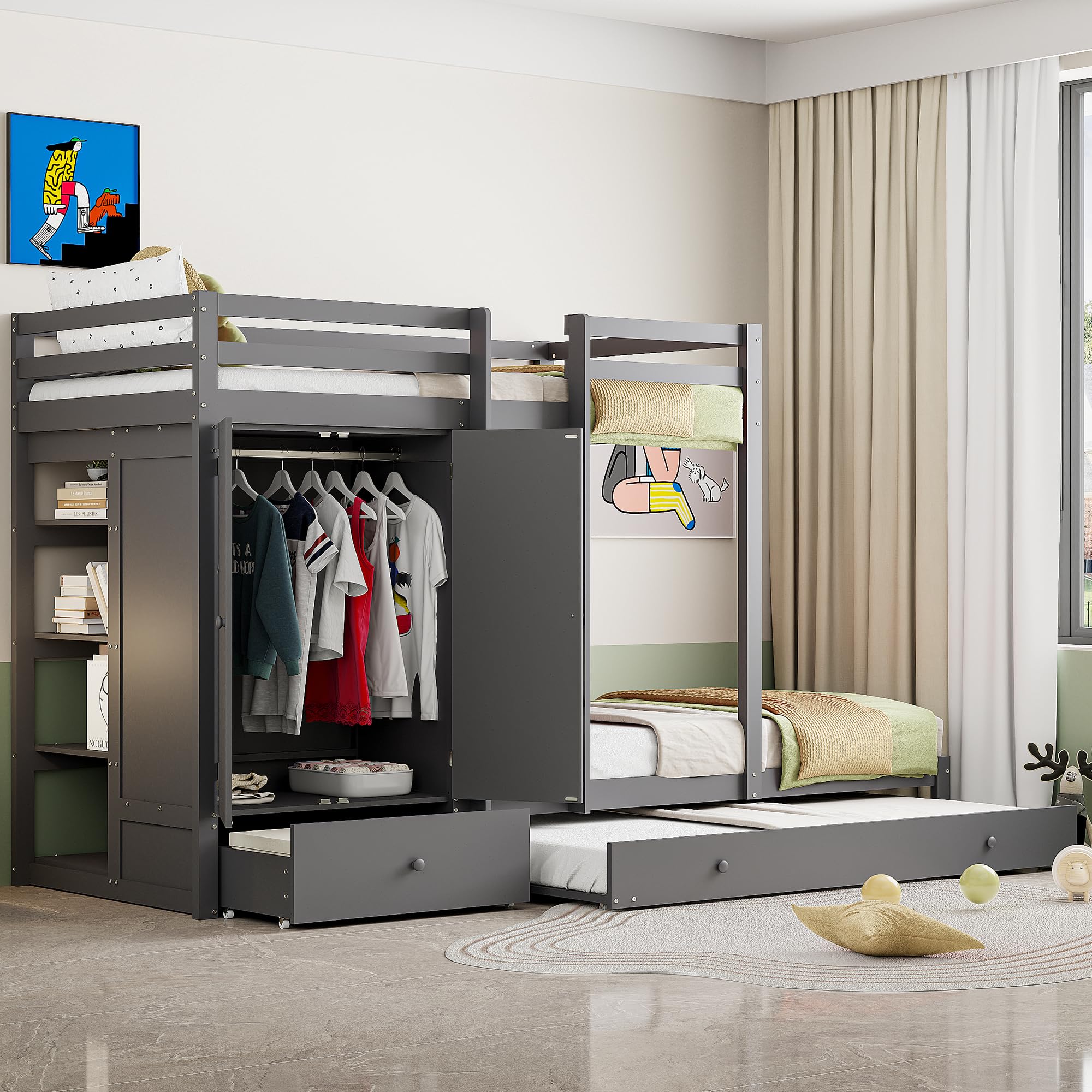 Azkoeesy Litera para 3 Personas, 90x200 + 90x190 cm, con Cama Nido, Armario Empotrado y estanterías, cajón, somier, barandilla, Cama Triple, para Adolescente y Adulto, Color Gris