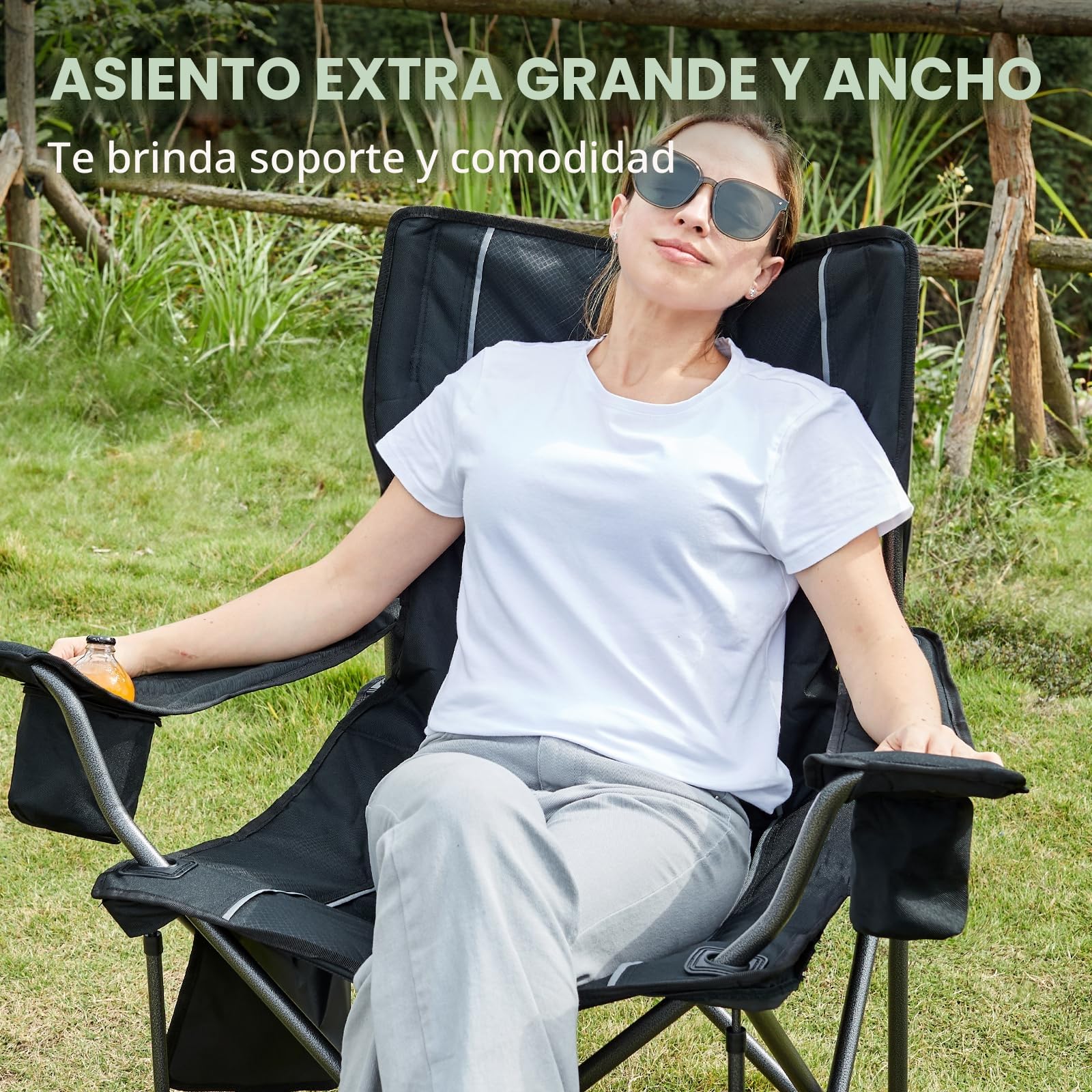 TIMBER RIDGE Silla Camping Plegable 200kg Acolchada Ancho Asiento 63cm con Portavasos Bolsa Térmica para Playa Jardín Pesca Balcón Acampar