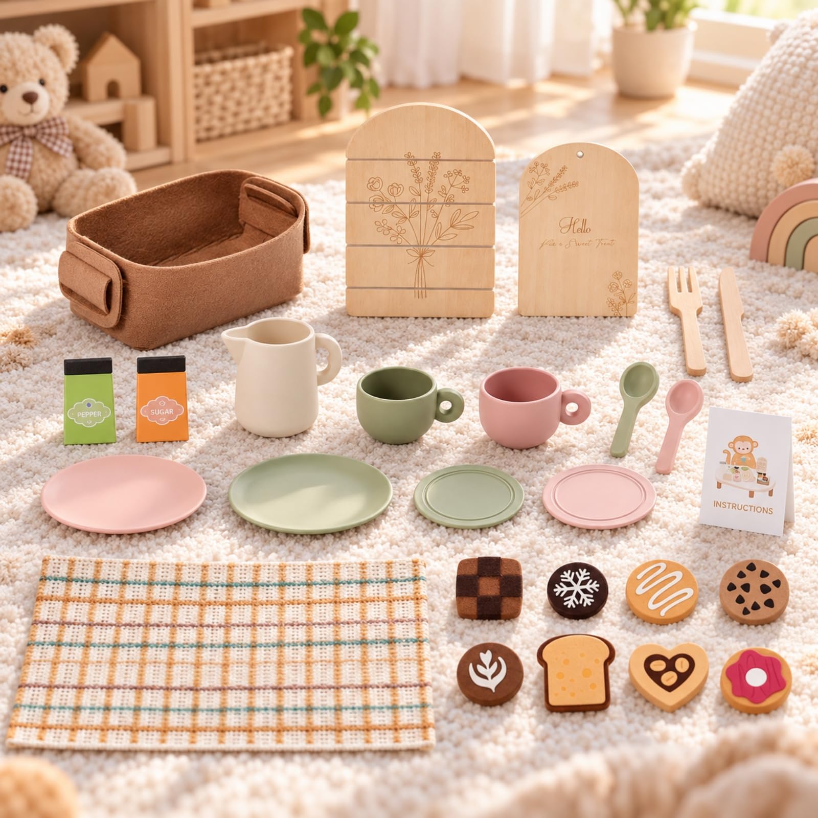 Set da tè Giocattolo con Accessori da Pranzo Robusto Set tè in Legno con Pezzi in Feltro Area Giochi
