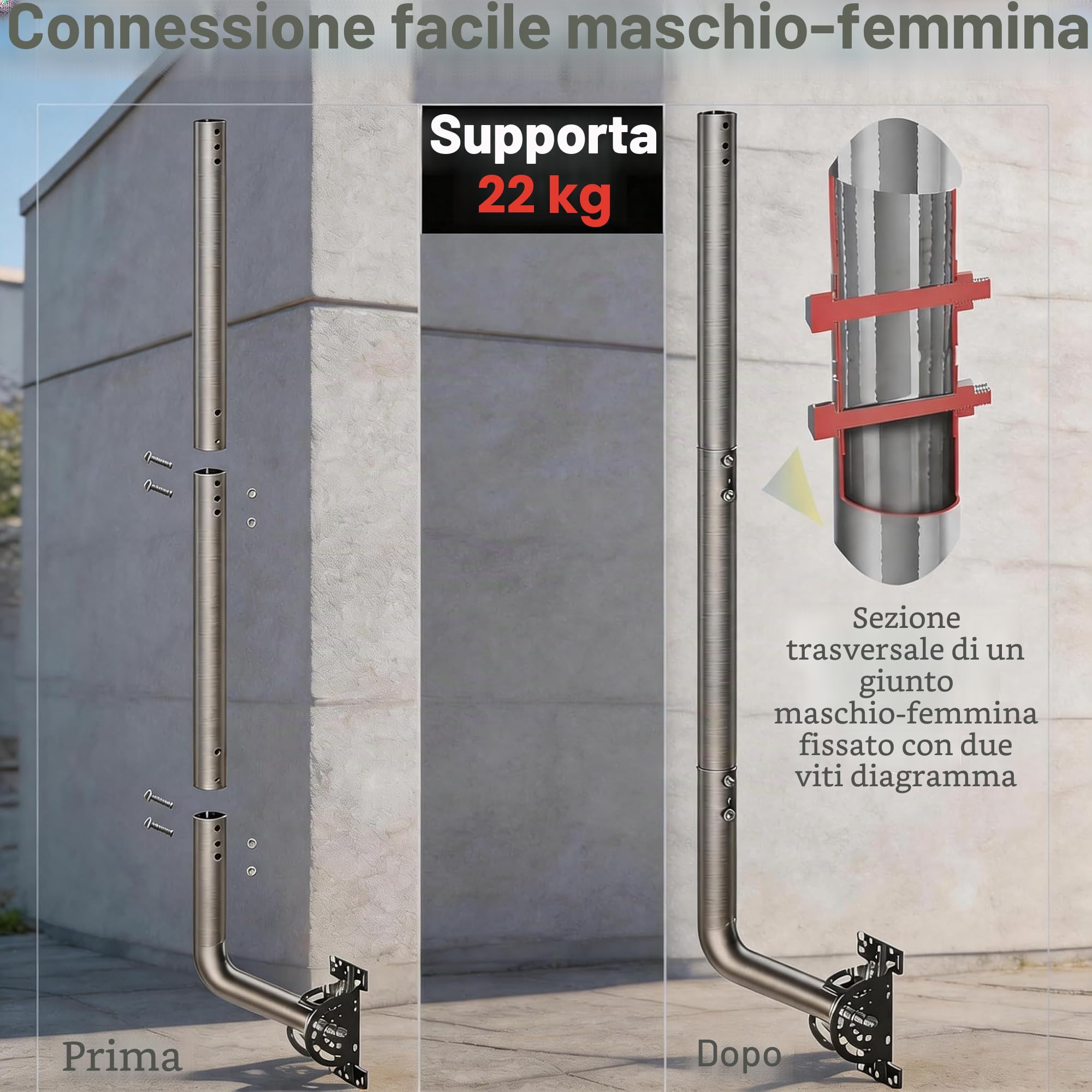 134 cm Supporto da parete per antenna regolabile – 430 in acciaio inox J-Pole per Star link (adattatore necessario), antenne TV, stazioni meteo – diametro esterno 3.5 cm base pivot (argento)