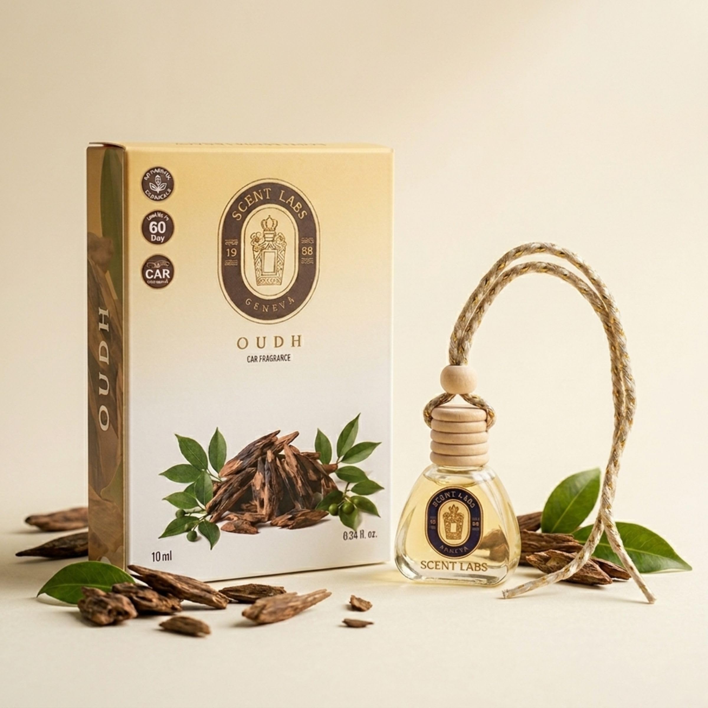 SCENT LABS Geneva Premium Car Perfume Hanging Pod 10ML | Oudh Fragrance Car Air Freshener | Long Lasting Freshness Up to 60 Days | Glass Bottle Car Interior Accessory | Pack of 1