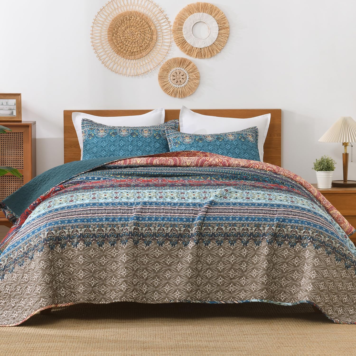 Andency Brown Green Quilts Queen Size, 3 Pcs Boho Striped Bedspread