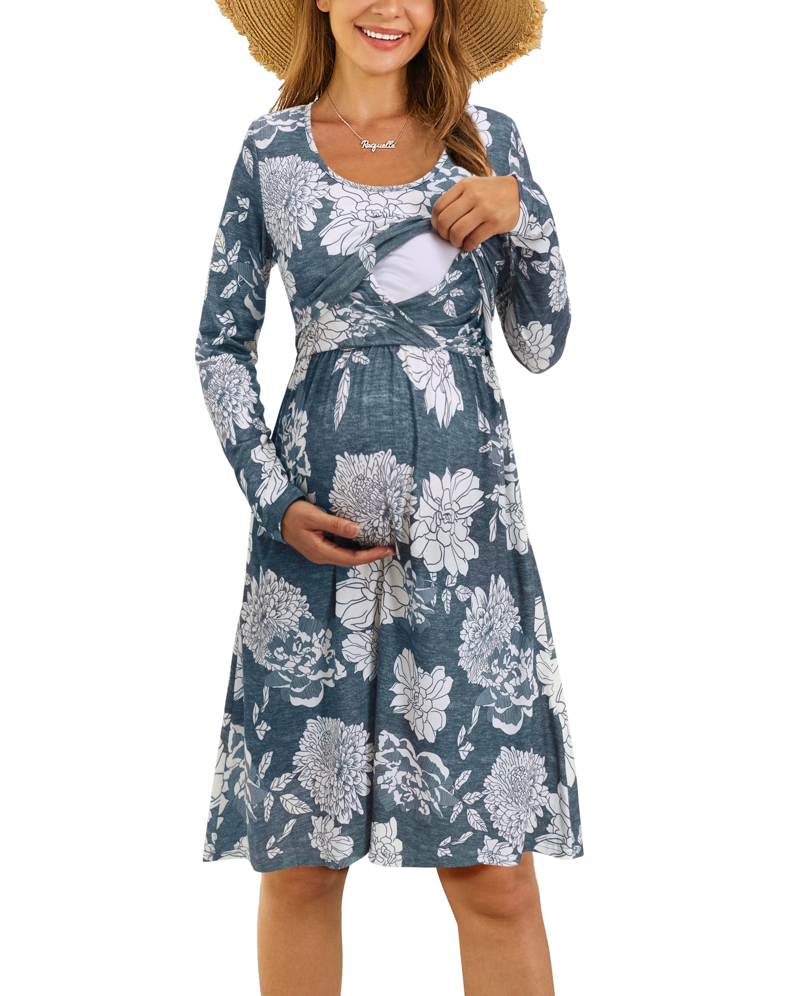 OUGES Womens Solid/Floral Maternity Dresses Sleeveless/Long Sleeve Nursing Gown Breastfeeding Clothes