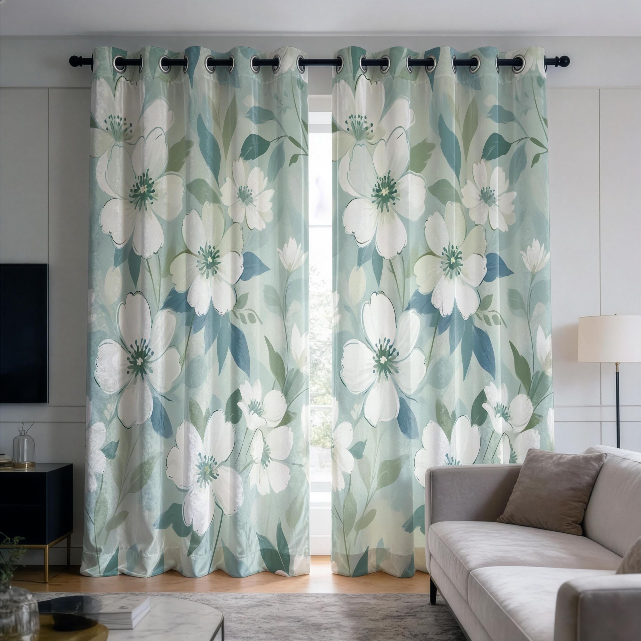 IKDZCM Floral Print Blackout Curtains for Bedroom, Botanical Drapes Window Panels, Nature White Flower Curtains for Living Room(WxH/2x140x180cm)