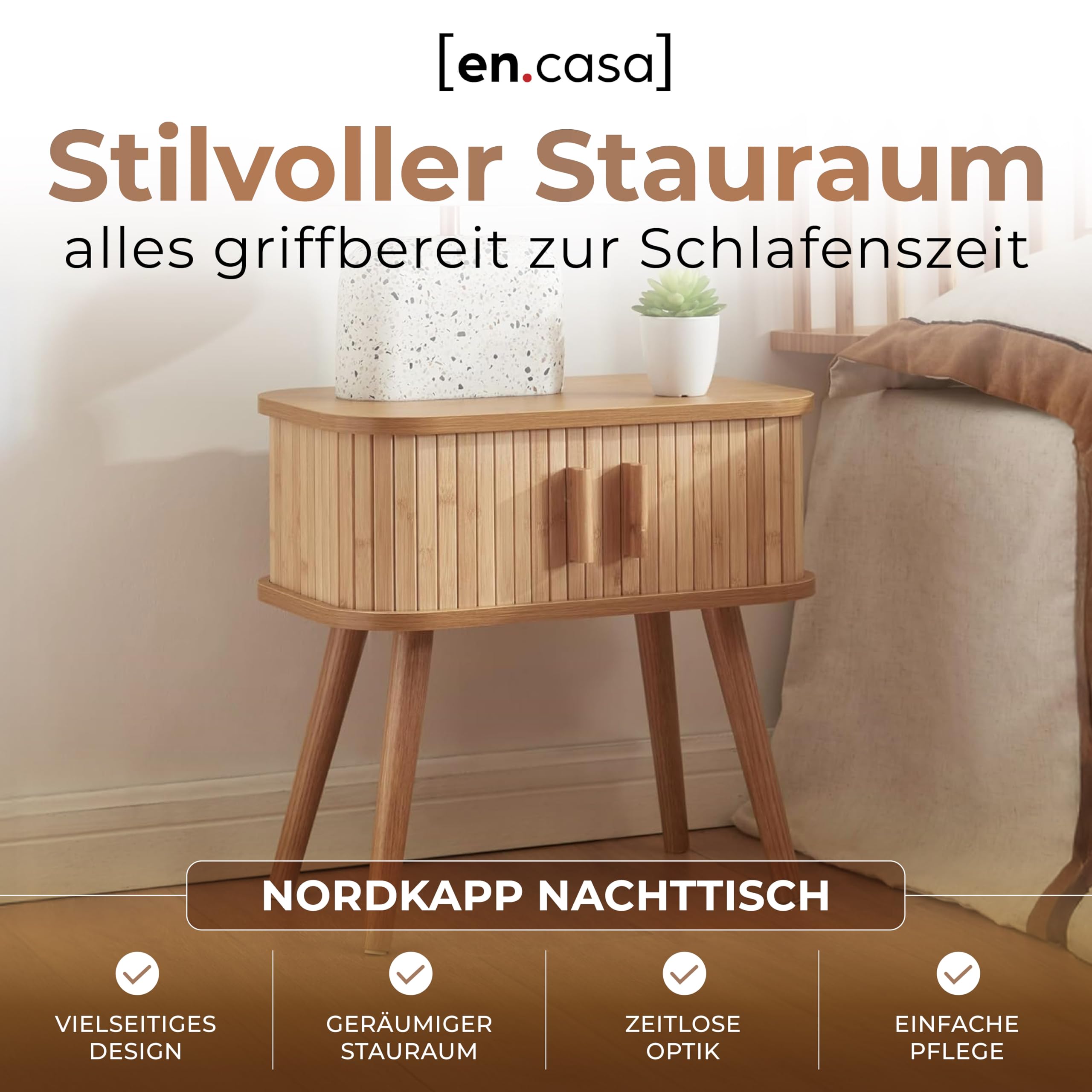 [en.casa] Nachttisch Nordkapp Beistelltisch mit 2 Schiebetüren Bambus Nachtschrank Sofatisch Holzbeine Nachtkästchen 48 x 30 x 45 cm