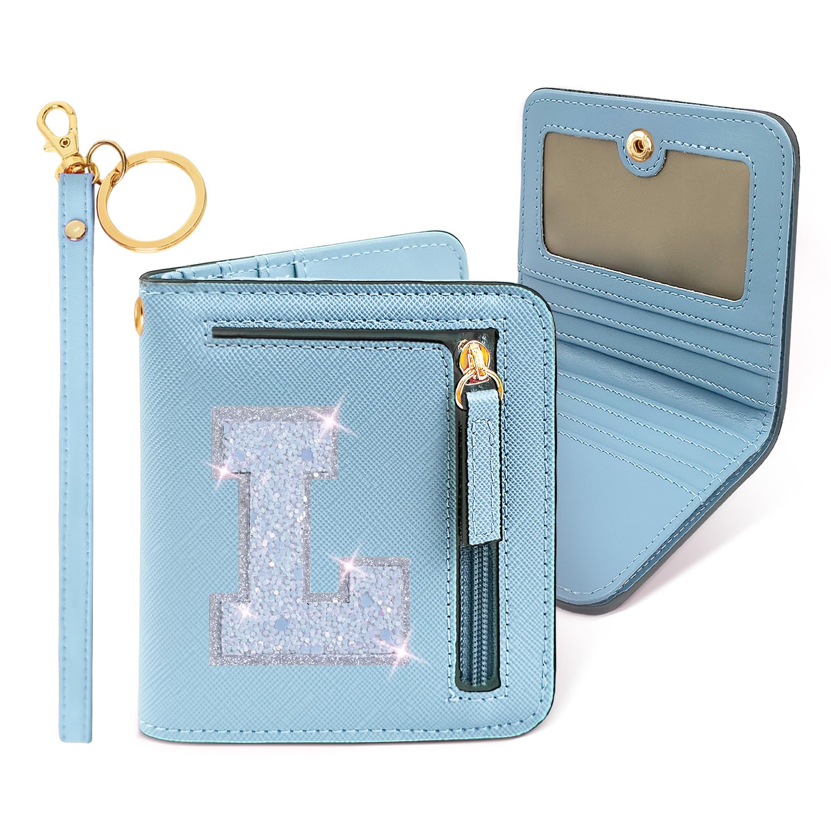 COSHAYSOO Initial Wallet Small with RFID Protection for Women Teen Girl Travel Daily Stuff, Preppy Letter Monogrammed Patch Pocket Wallet Purse Cute Fashionable Birthday Easter Gift Blue L