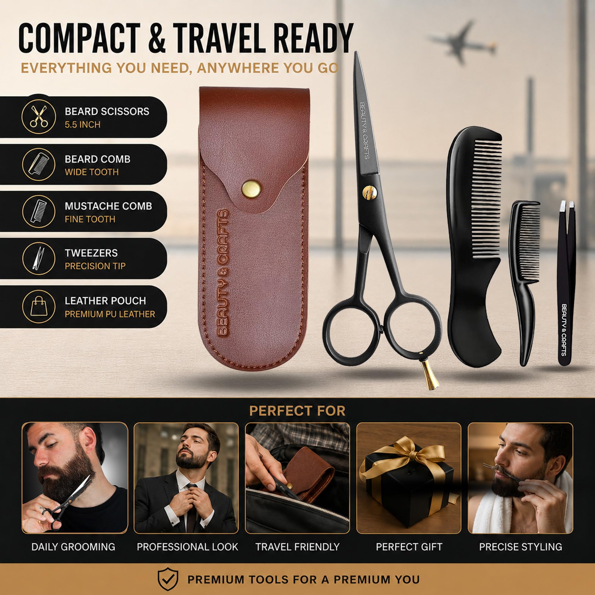 Tijeras profesionales alemanas para barba de 5 pulgadas para hombres, 2 peines de bigote para vello facial con hermosa bolsa y pinzas, tijeras de bigote para hombres, para aseo, corte, peinado,