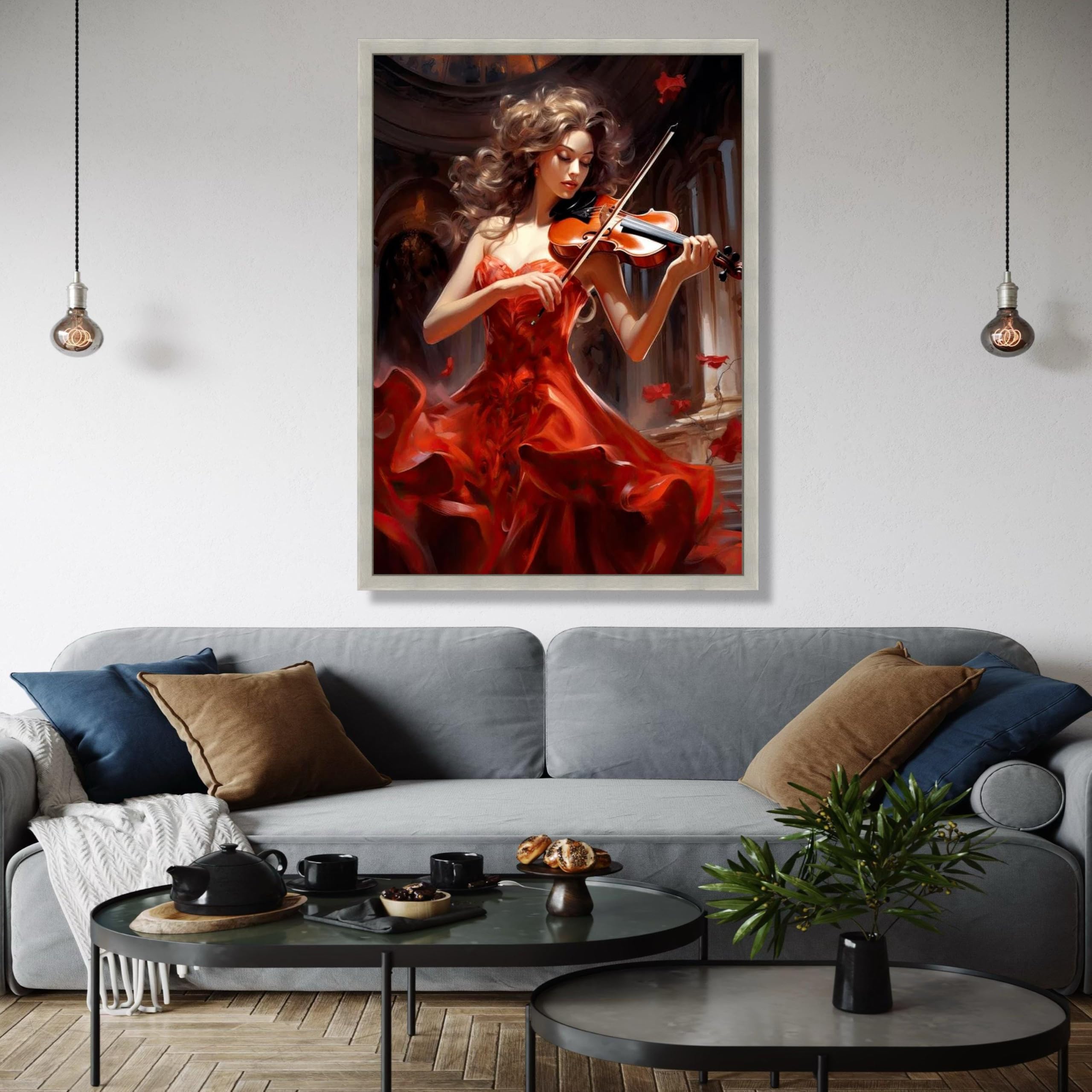 XBTYKPB Lienzo de violinista con vestido rojo fluido, arte mural de instrumentos musicales, decoración de música clásica, decoración romántica del hogar, pintura (70 x 100 cm/marco interior)