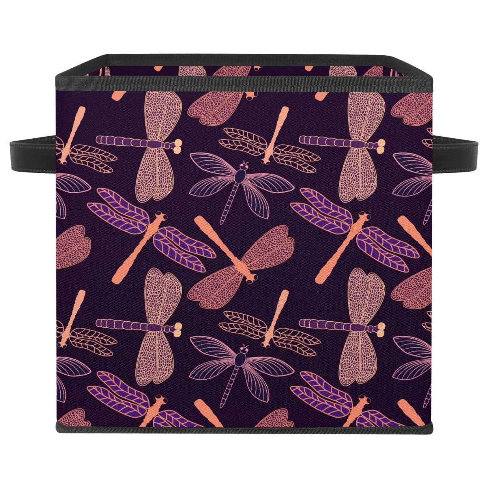 Boîte de rangement pliable en tissu avec poignées et motif libellule