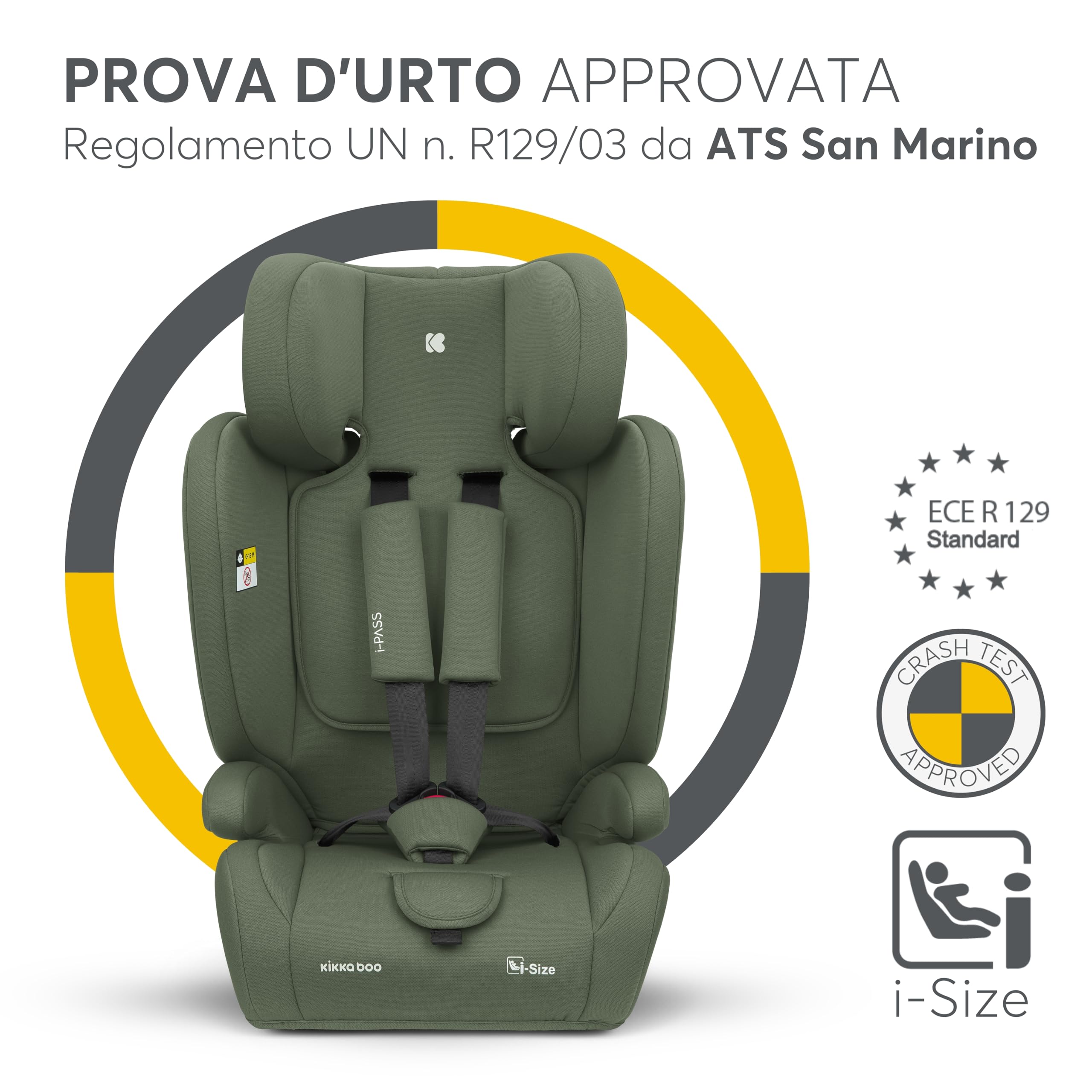 KikkaBoo i-PASS Seggiolino auto 9-36 kg senza ISOFIX, Gruppo 1 2 3 per bambini da 15 mesi a 12 anni, i-Size, altezza 76-150 cm, poggiatesta regolabile a 13 posizioni, Verde militare