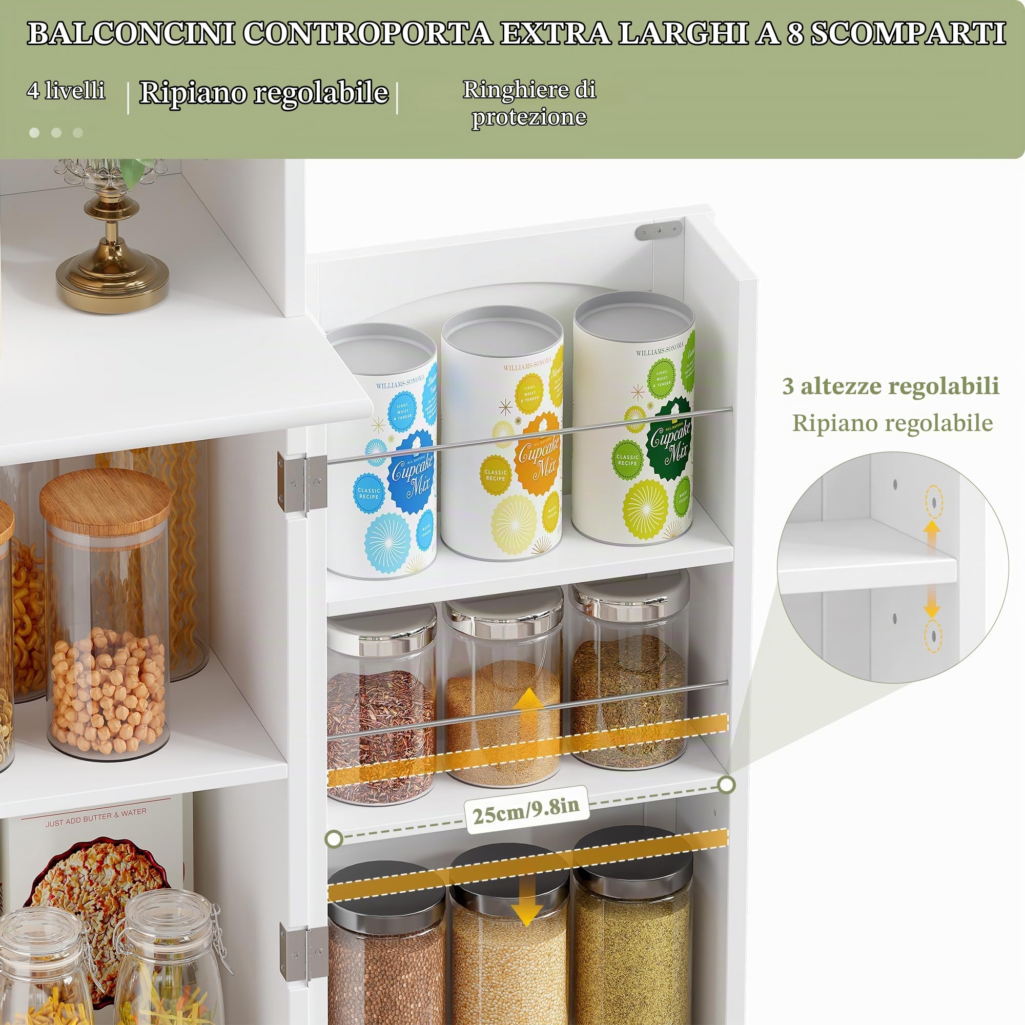 Credenza Cucina Alta, Mobile Cucina con Scaffali Portaspezie Bianco | Mobile Dispensa Cucina con 3 Ripiani Regolabili, Salvaspazio, piano di lavoro, 8 Scomparti e 4 Ante, per Cucina, Soggiorno