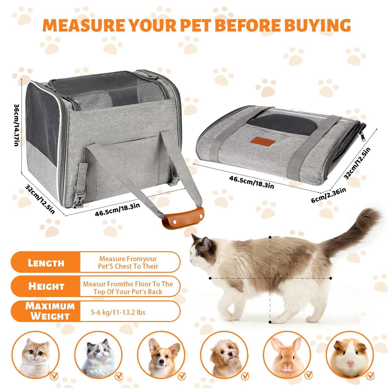 Transporttasche für Katze Hund, Katzentragetasche, Katzentransportbox, Faltbar Tragetasche Katzentransporttasche, Für Katze Kätzchen Welpen bis 7 Kg, Transportbox für Hund Katze, Zug, Reisen