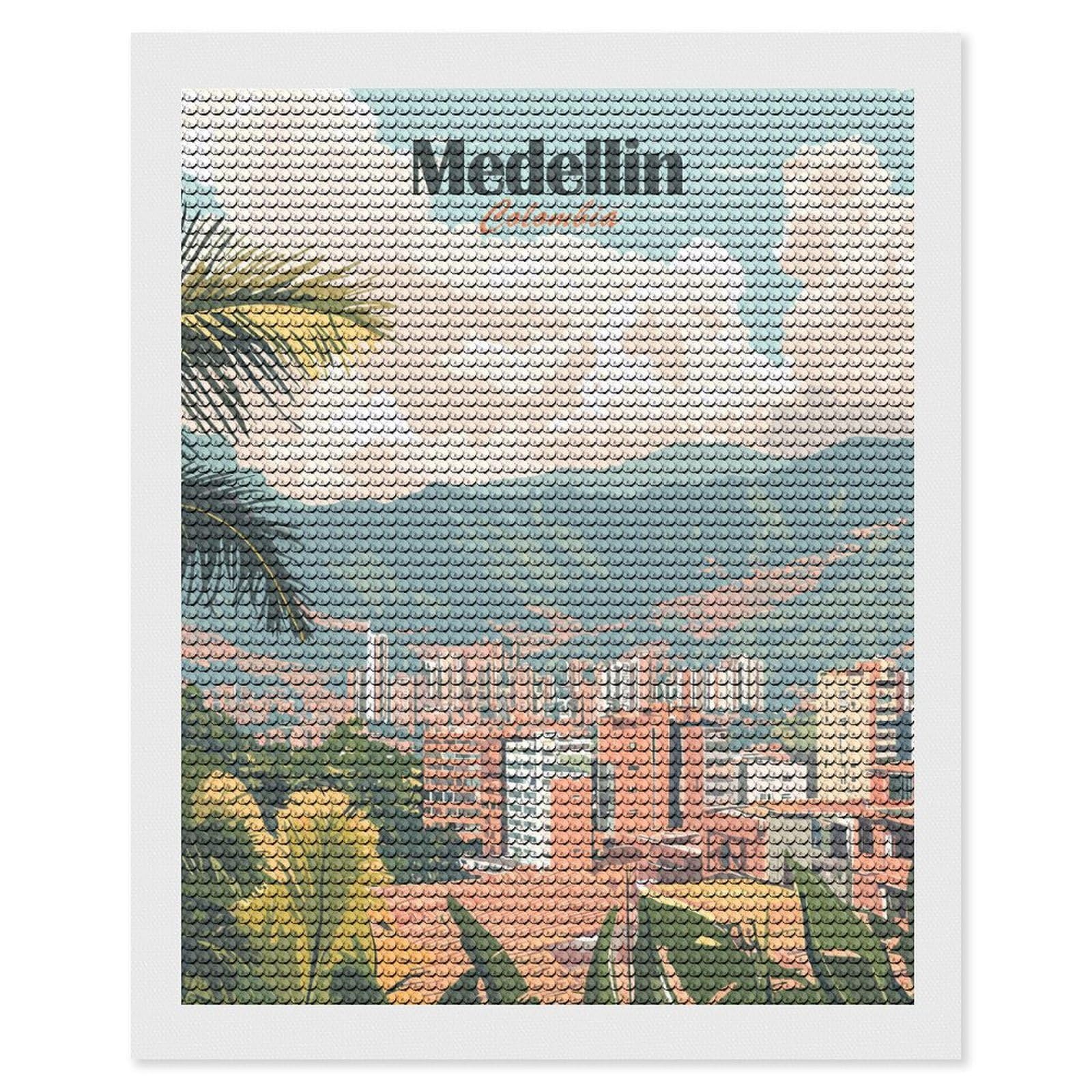 Junmoney Medellin Colombia Cityscape Travel Diamond Art Kit 16"x20", Neat Printed Canvas, Finish and Display, Relaxing DIY Hobby, Living Room Decor