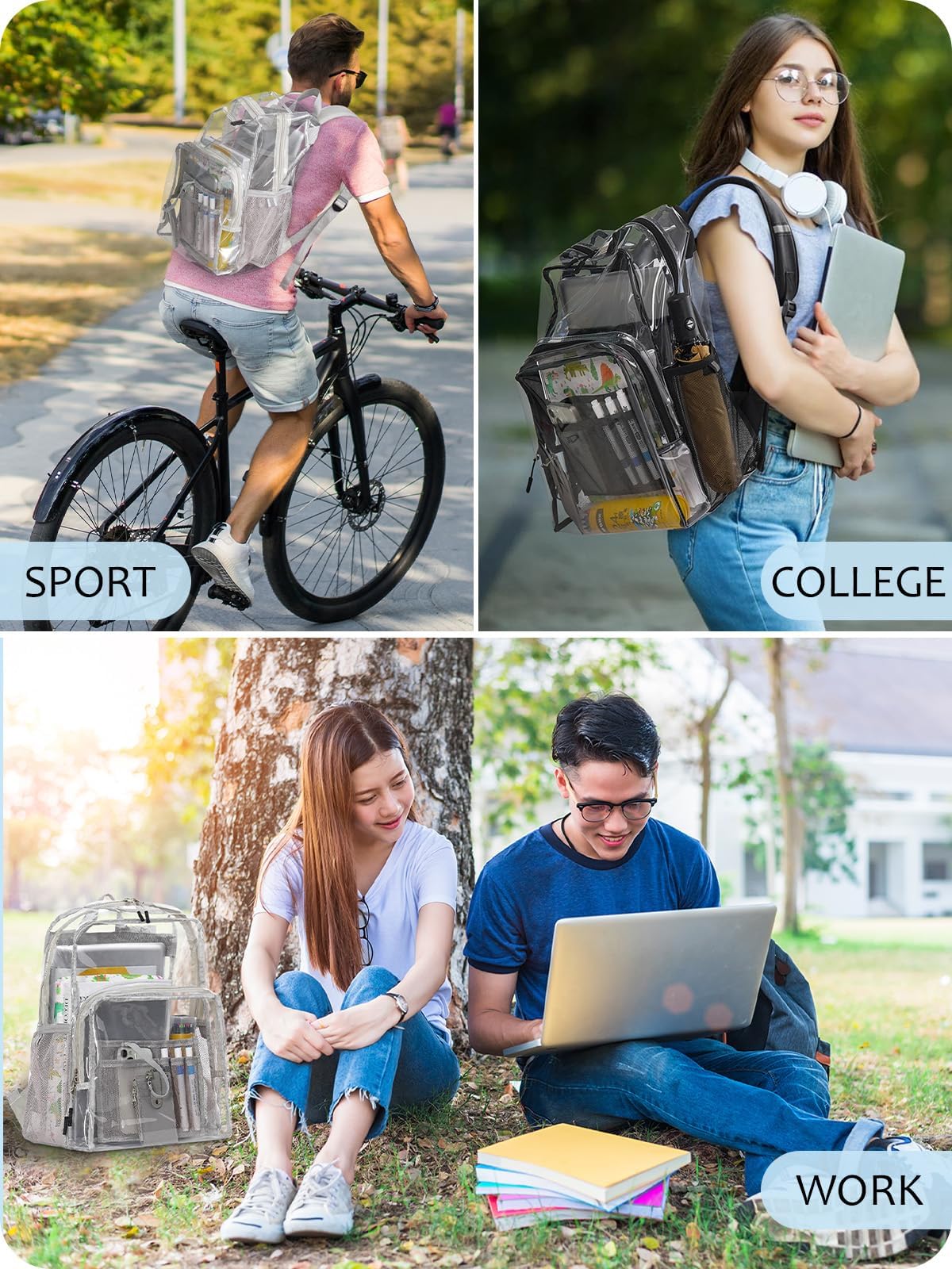 Zaino trasparente per la scuola, 17 pollici grande resistente TPU trasparente Bookbag per ragazzi ragazze adulti per college casual, nero, Large, Trasparente