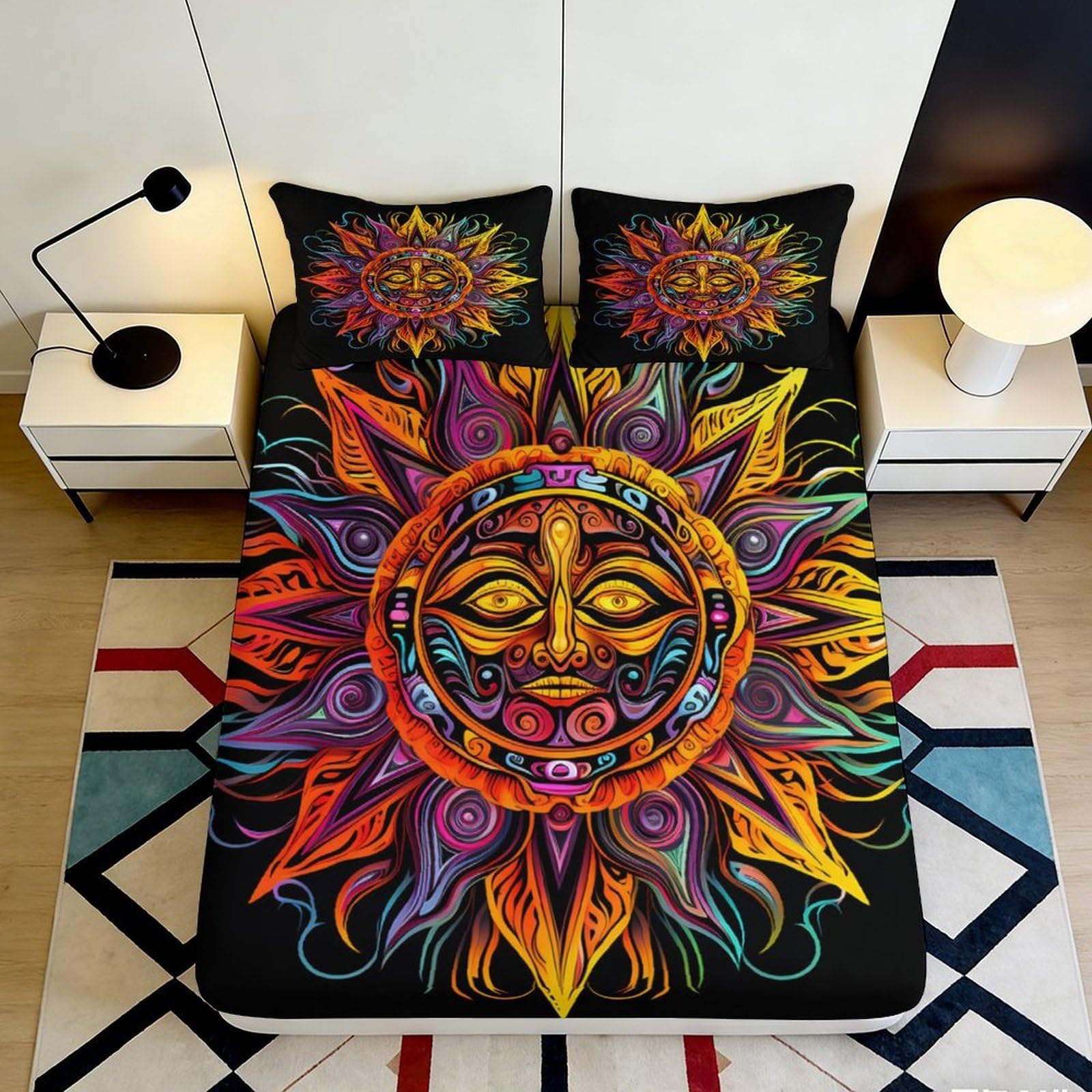 3D Printed Boho Sun Mandala Fitted Sheet Microfiber Colourful Tribal Mattress Cover for Bedroom Guest Room Decor 90x200x25cm