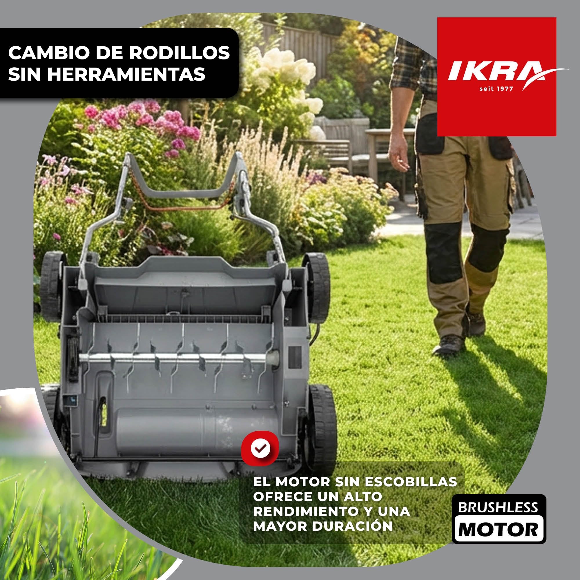 IKRA escarificador y aireador a batería 3 en 1 IAVL 2-2032, ancho 32 cm | Incluye 2 baterías de 20 V y 2 Ah y cargador rápido, cesta de recogida de 30 l, +3 a -9 mm, gama de baterías de 20 V de IKRA