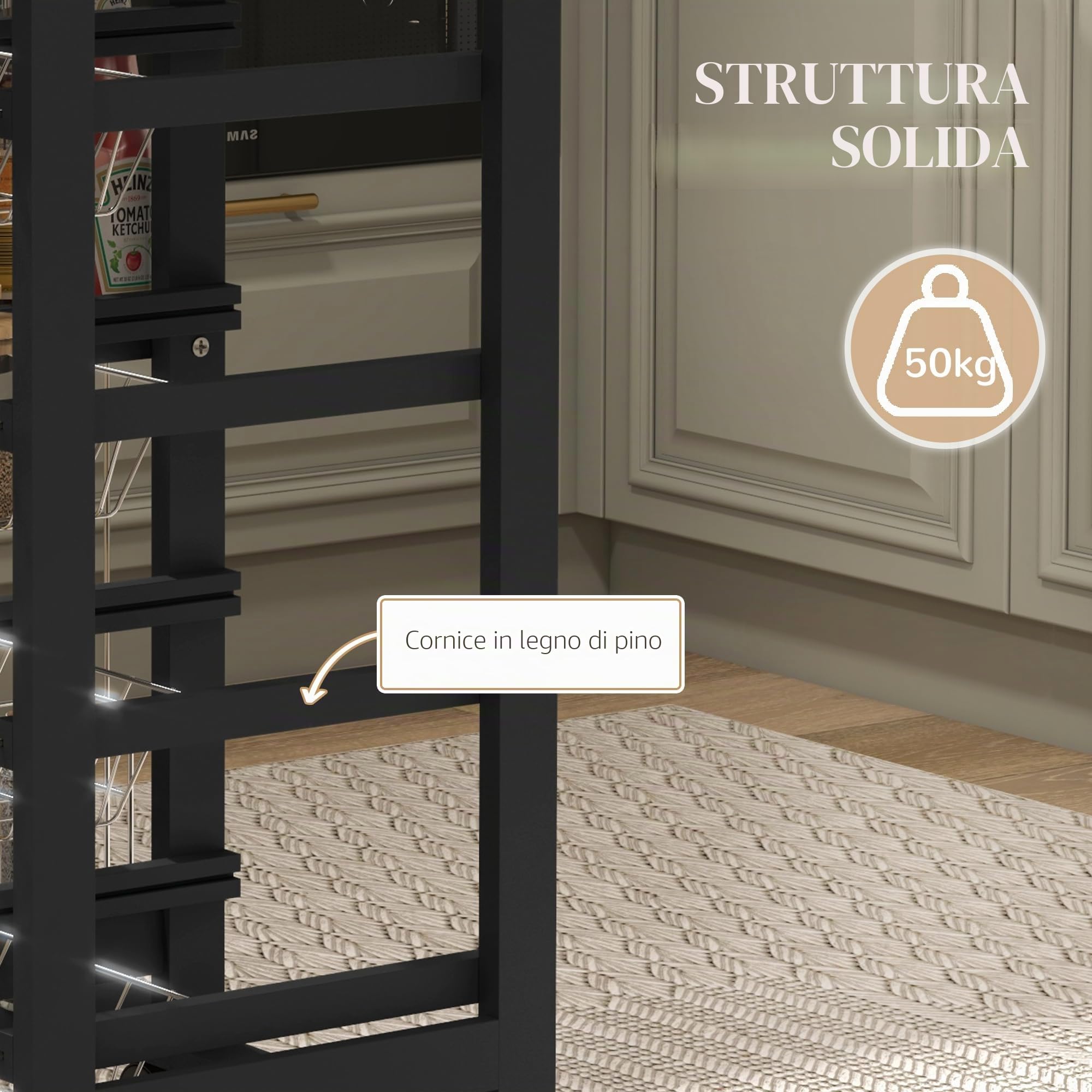 HOMCOM Carrello da cucina con ruote Carrello multiuso con cassettiera 4 cestini estraibili in metallo e cestelli laterali 47x37x83 cm Nero e legno naturale