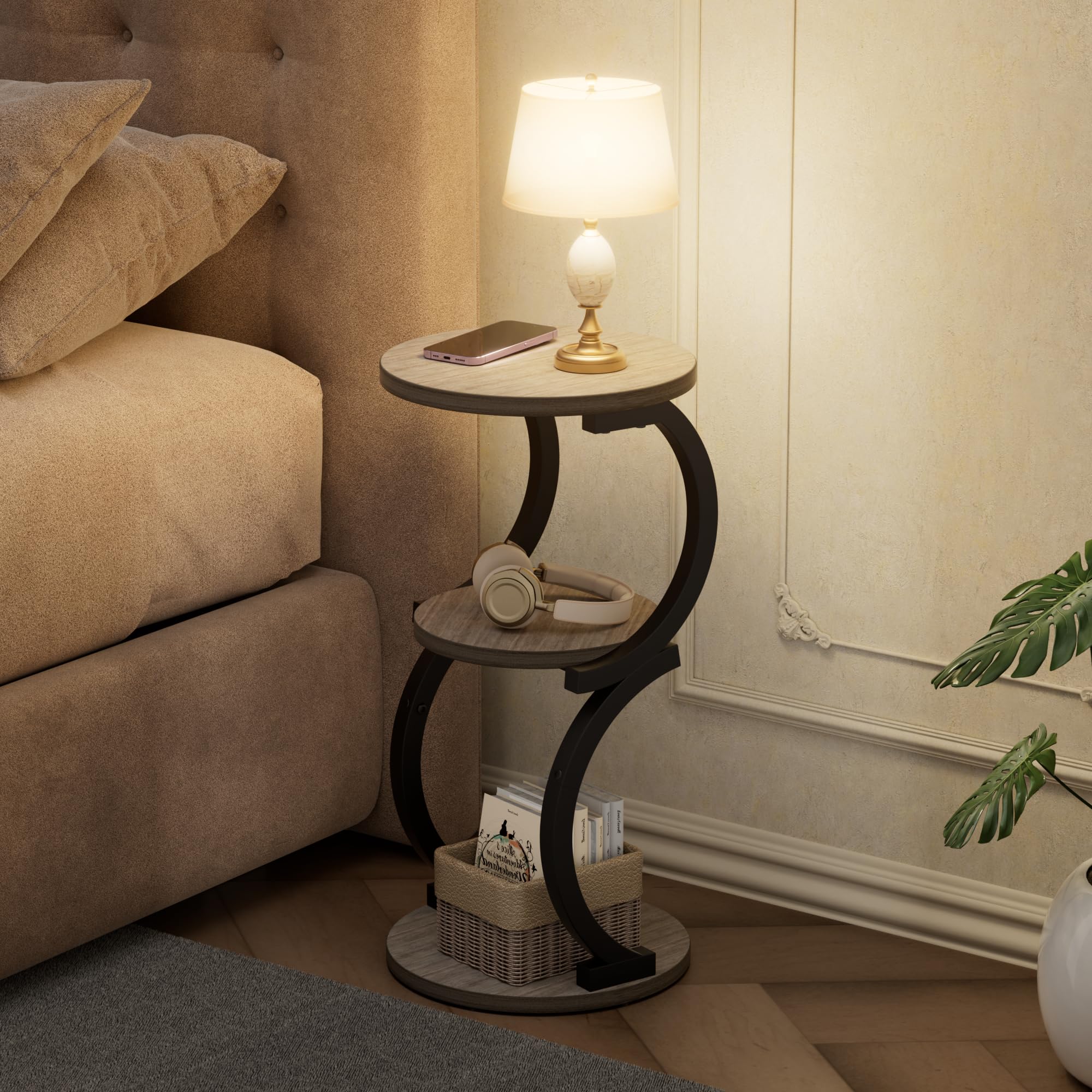 JUSTOGO Beistelltisch Rund, S-förmiges 3-stufiger Couchtisch, Kleiner Tisch Holz, Metall Nachttisch für Wohnzimmer, Schlafzimmer