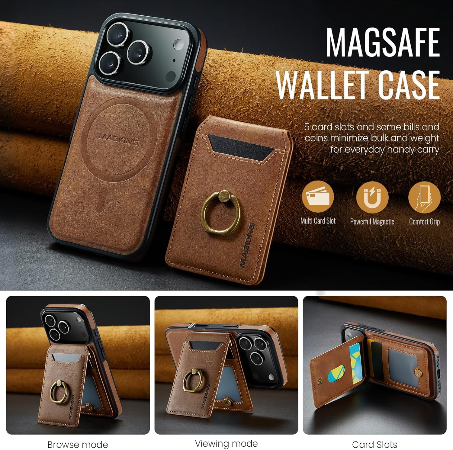 SZHAIYU 2 in 1 Detachable Magnetic Phone Cases Compatible with iPhone 17 Pro Case with Card Holder Ring, Compatible with Magsafe Wallet, Leather 6.3'' RFID Blocking (Brown, iPhone 17 Pro)