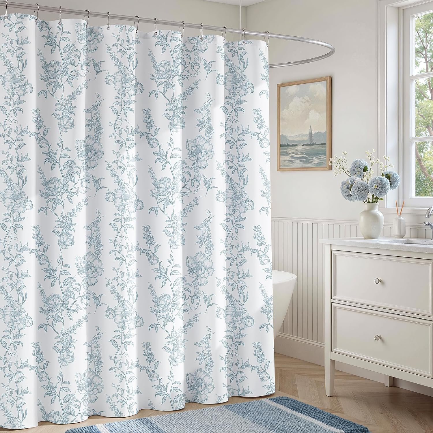 HOMEIDEAS Blue and White Floral Shower Curtain 72x84 Inch, Modern Extra Long Shower Curtains for Bathroom with Hooks, Waterproof Fabric, SPA Bathroom Decor