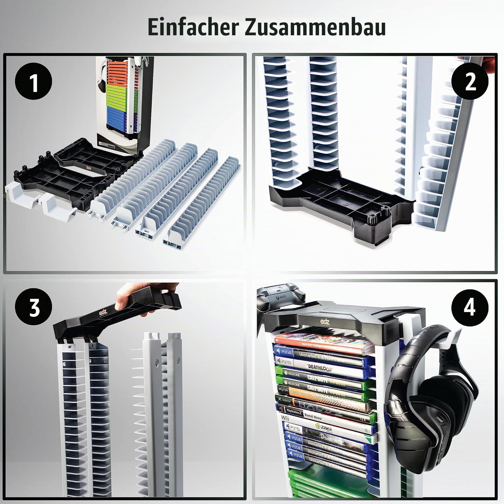 ADZ Universal Game Holder - 46 Game Storage Tower Rack for PS2 PS3 PS4 PS5 PSP Xbox 360 Xbox One Series X Wii Switch Games DVD and Blu-Ray Disks Includes 2 Controller Mounts (White)