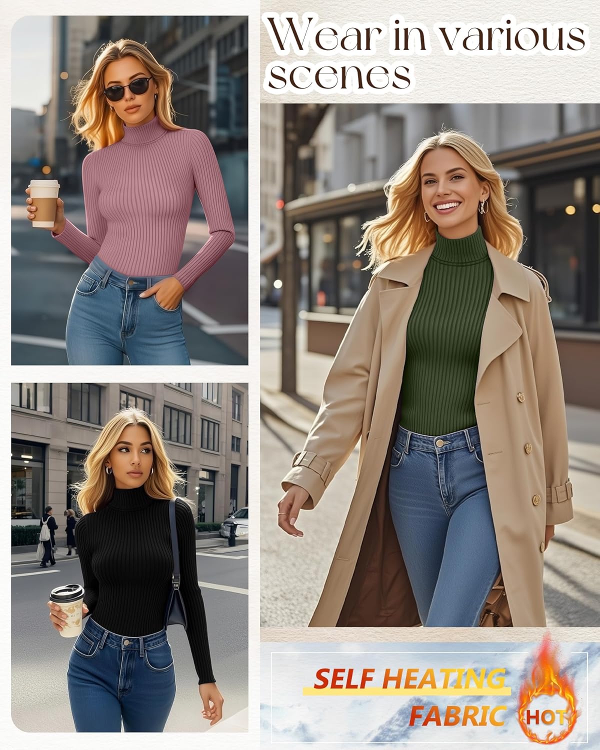 Ficerd 3 Pack Women's Ribbed Thermal Turtleneck Tops Long Sleeve Stretch Shirts Knitted Fitted Lightweight Base Layer - Image 3