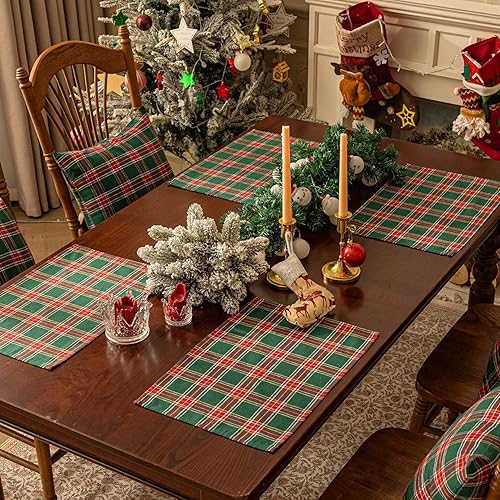 Miniatura 2 de Softalker Juego de manteles individuales de Navidad a cuadros de 4-12 x 18 pulgadas, manteles individuales de Navidad a cuadros verdes, resistentes